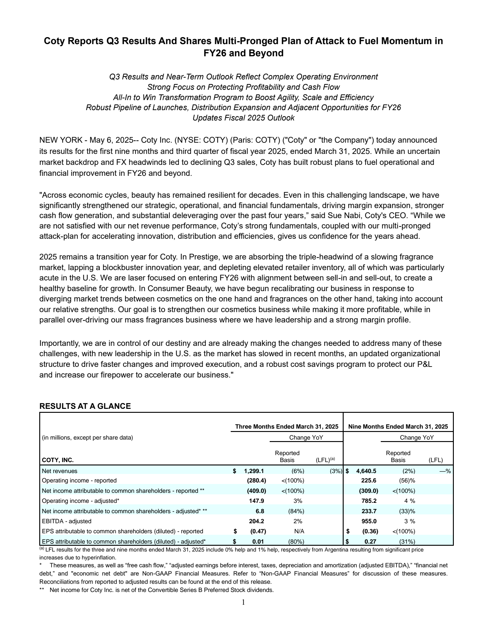 Coty's Q3 2025 Prepared Remarks Earnings Release