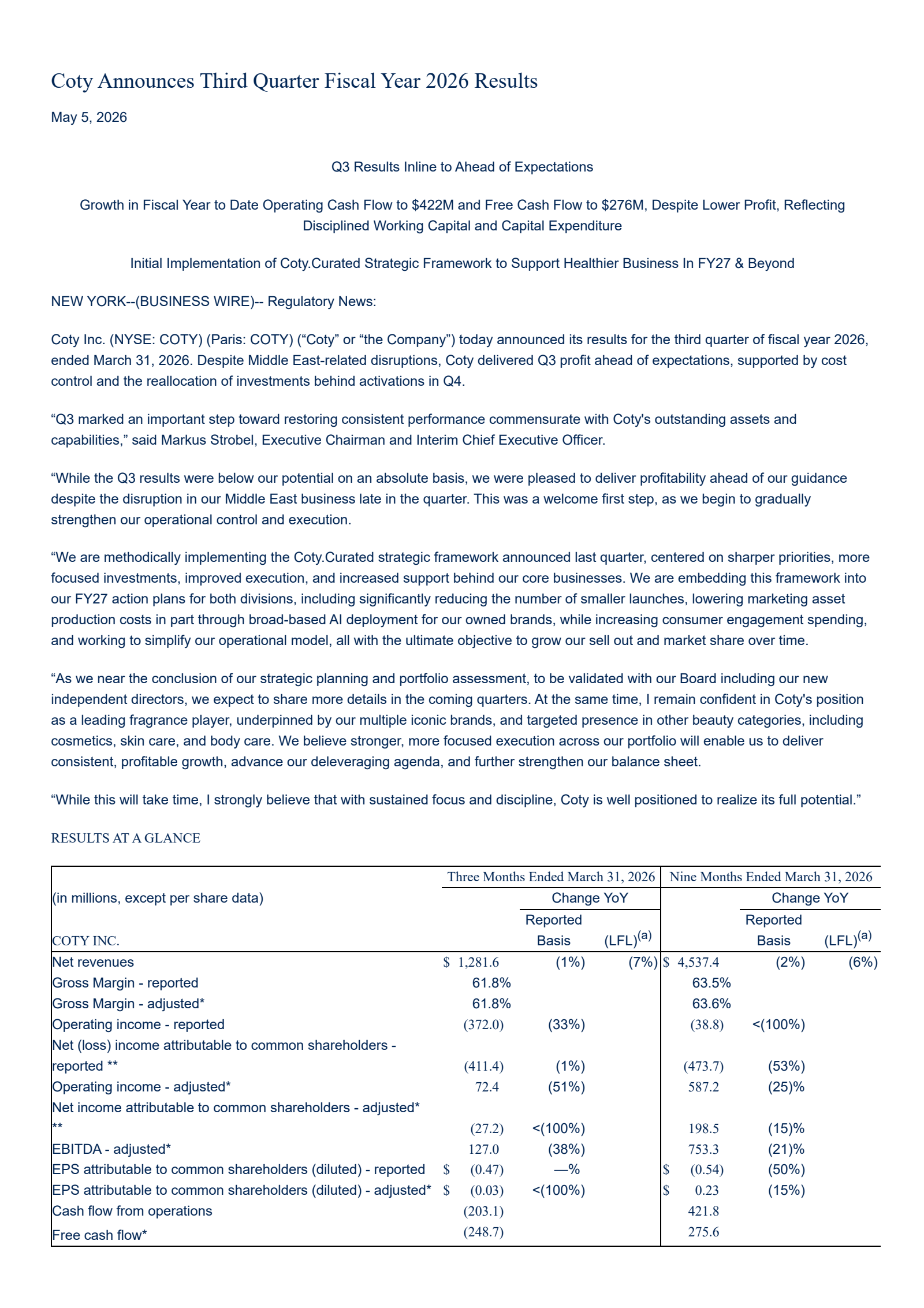 Coty's Q3 2026 Prepared Remarks Press Release