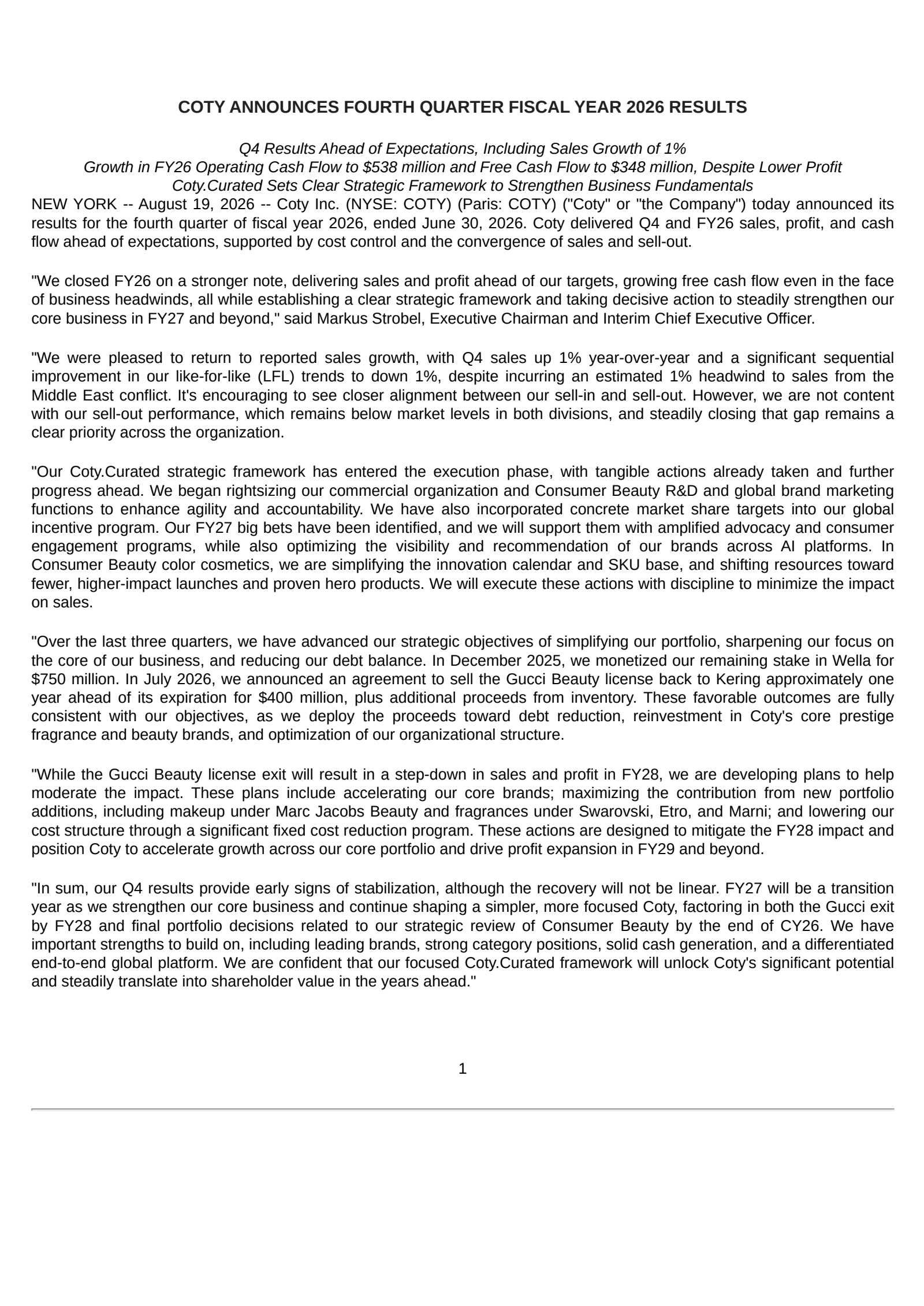 Coty's Q4 2026 Prepared Remarks Press Release