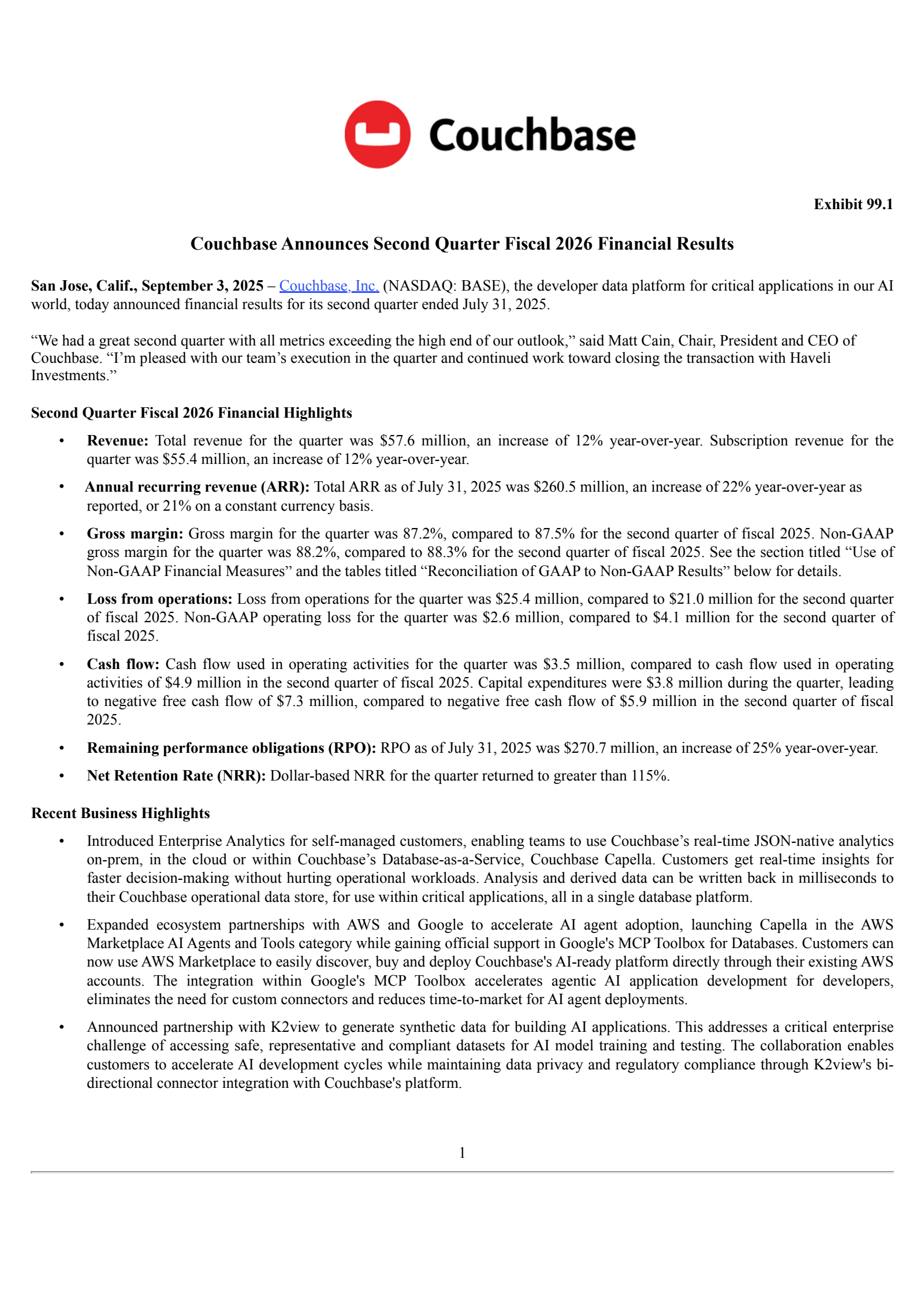 Couchbase's Q2 2026 Press Release