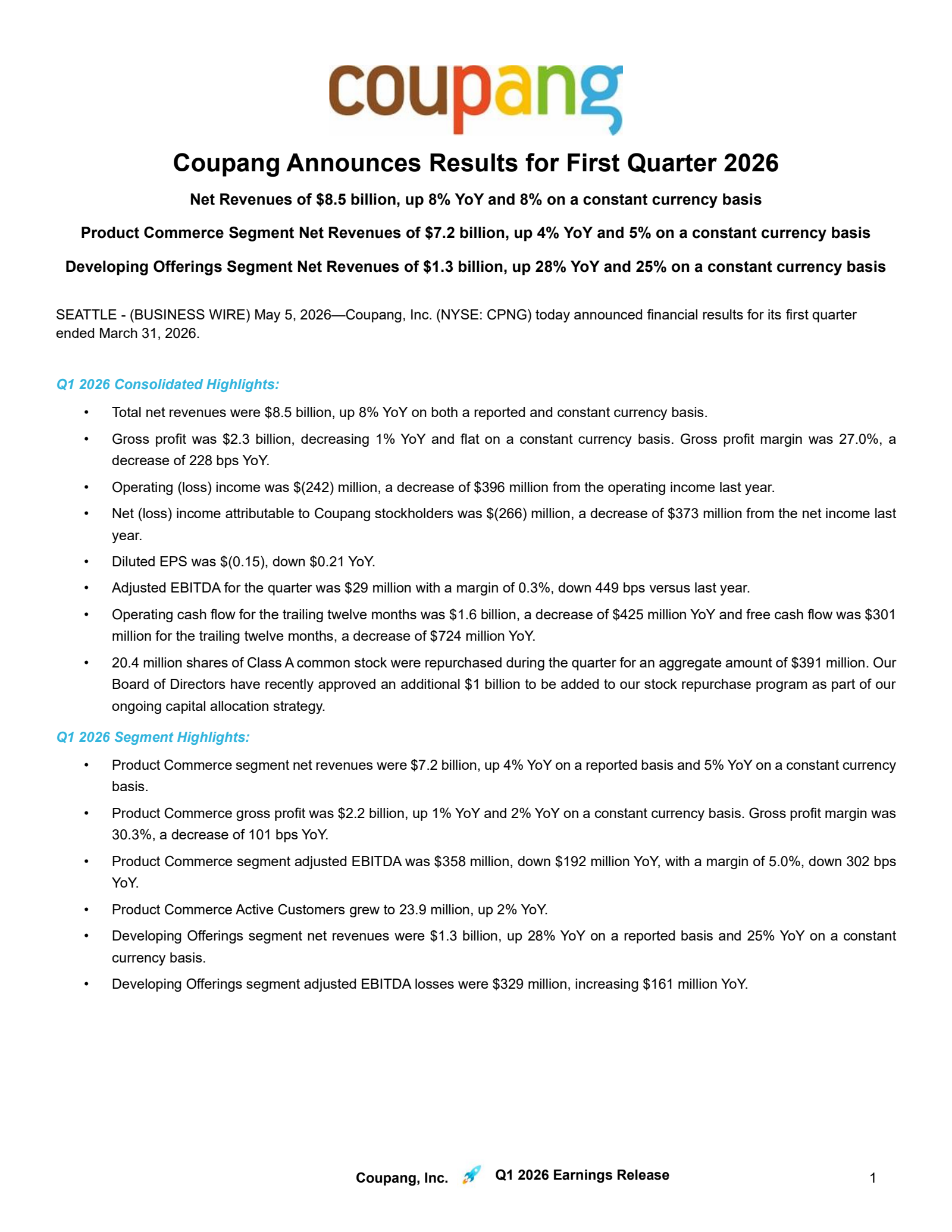 Coupang's Q1 2026 Press Release