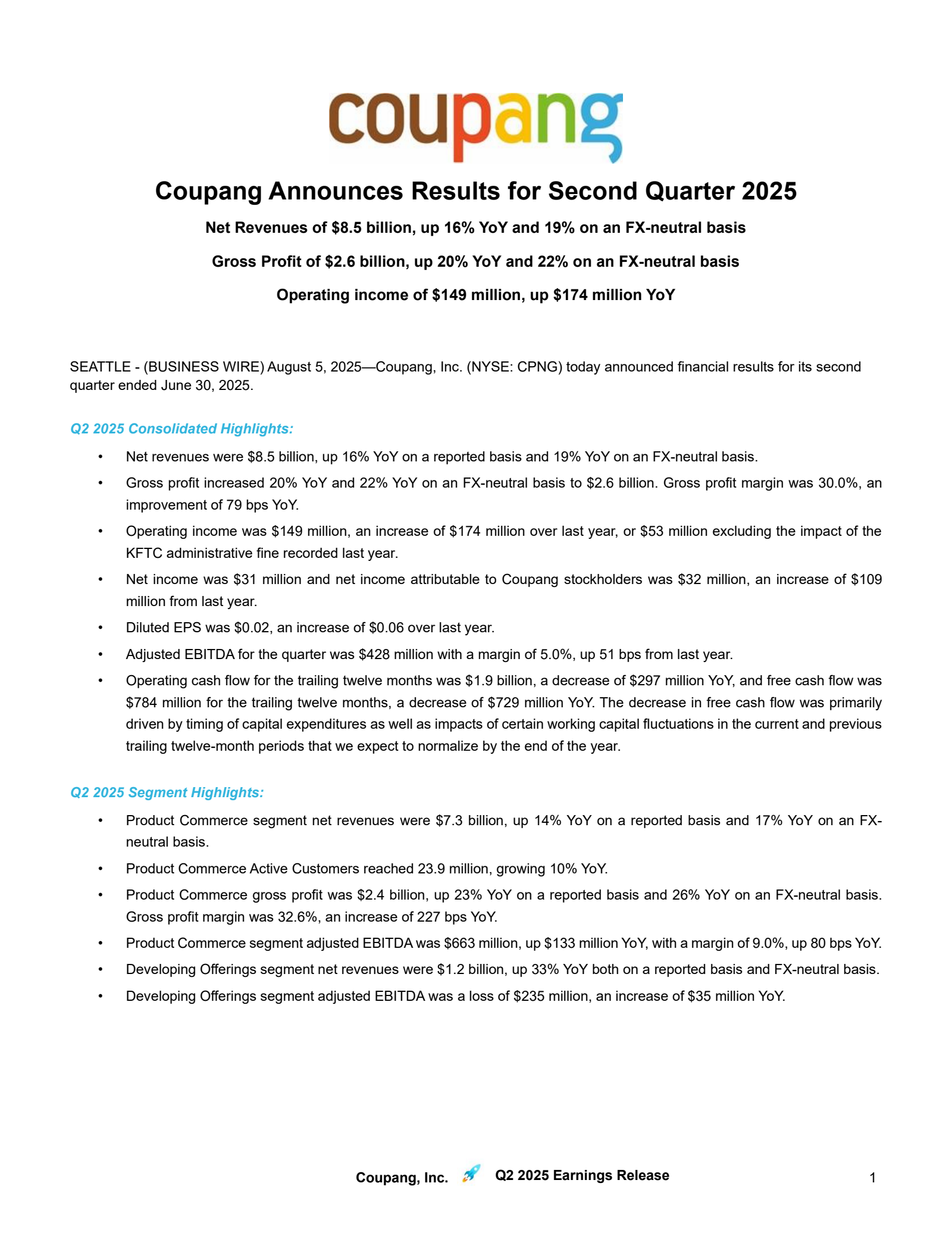 Coupang's Q2 2025 Press Release