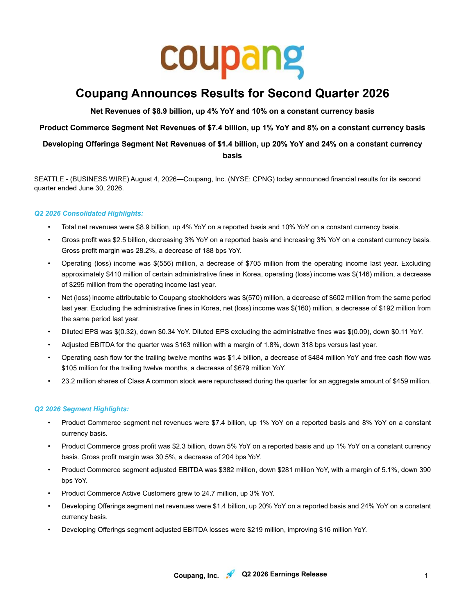 Coupang's Q2 2026 Press Release