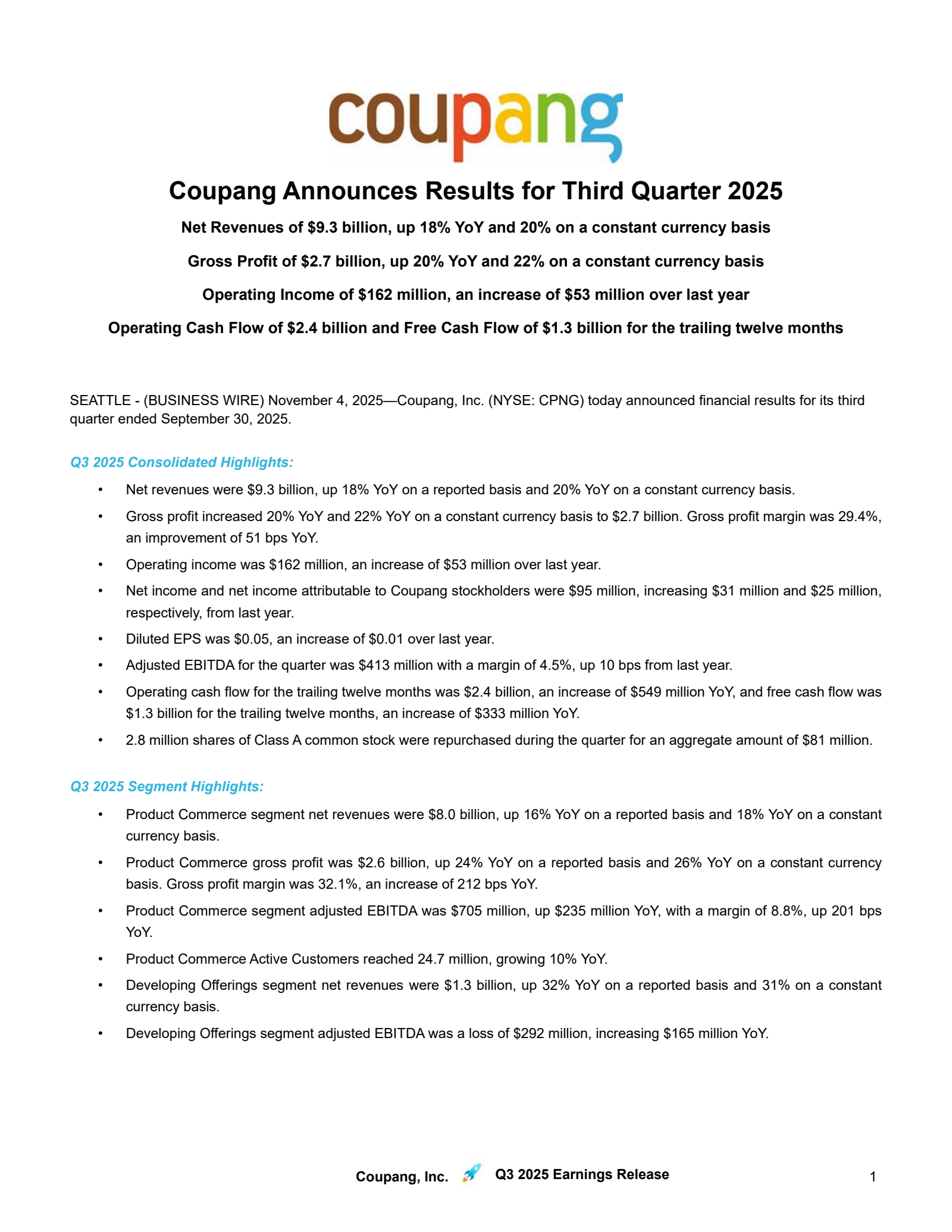 Coupang's Q3 2025 Earnings Release
