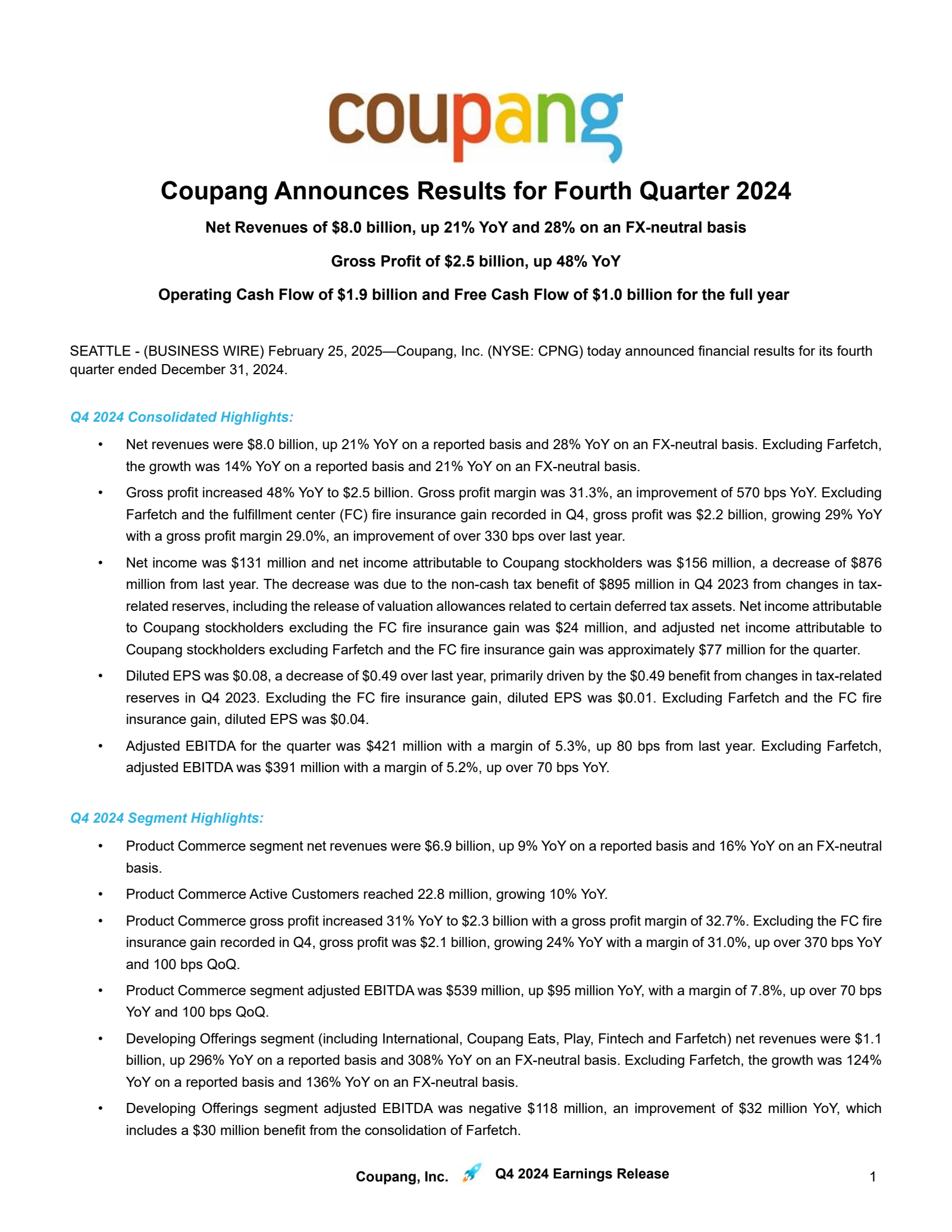 Coupang's Q4 2024 Press Release