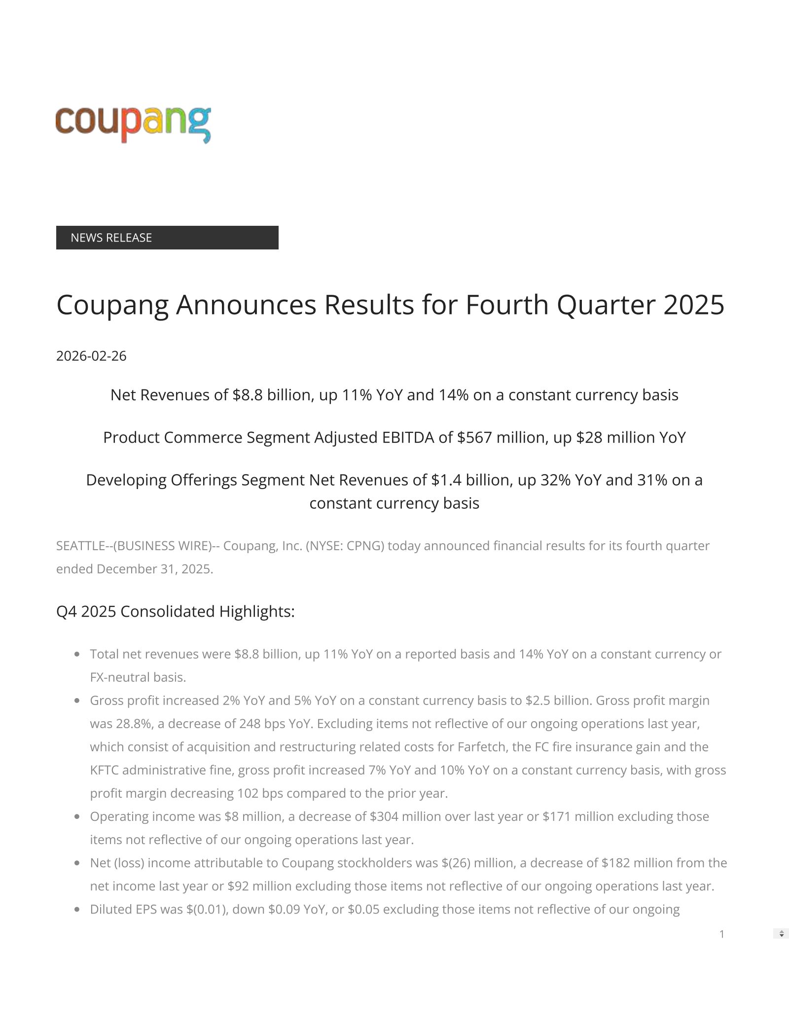 Coupang's Q4 2025 Press Release