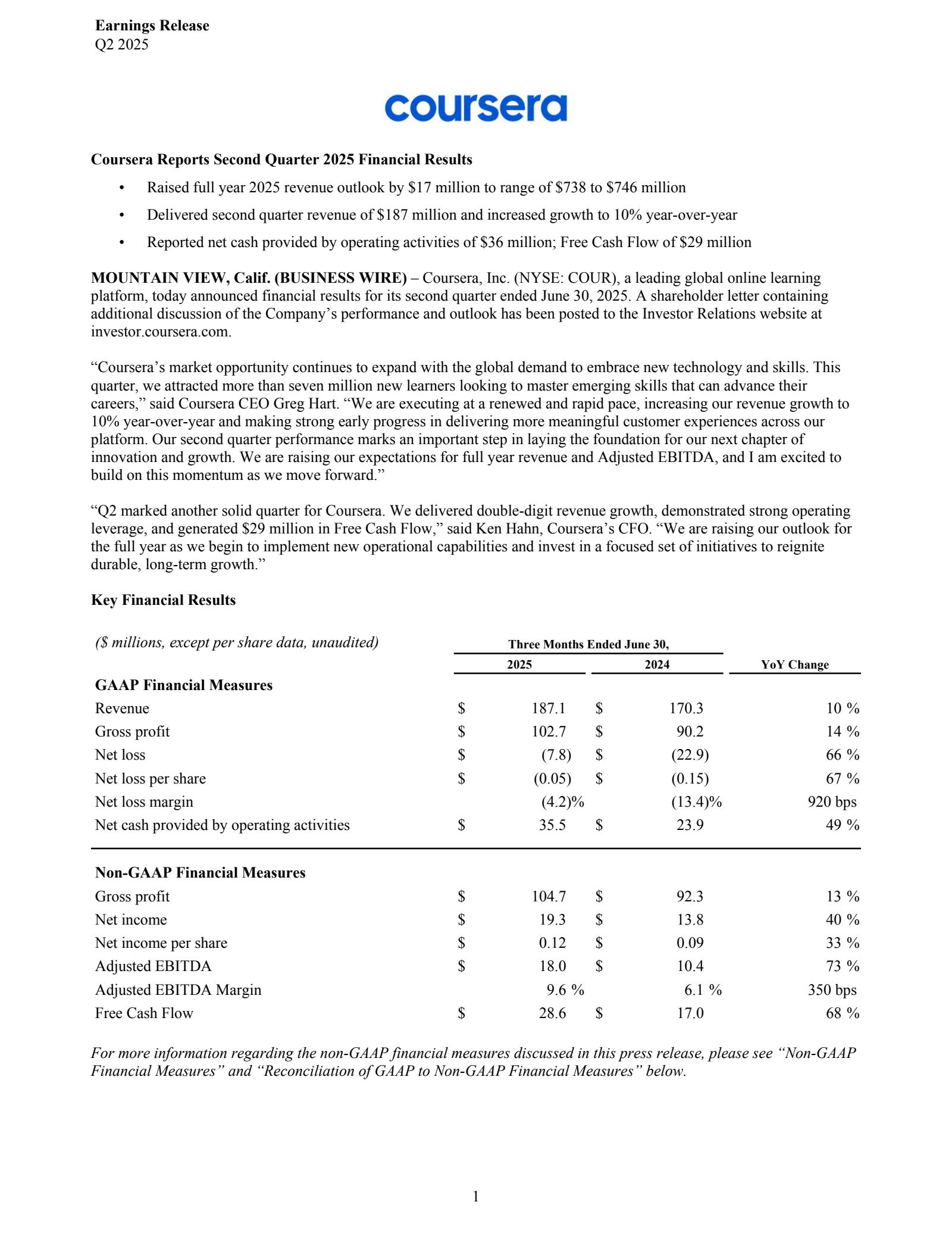 Coursera's Q2 2025 Press Release