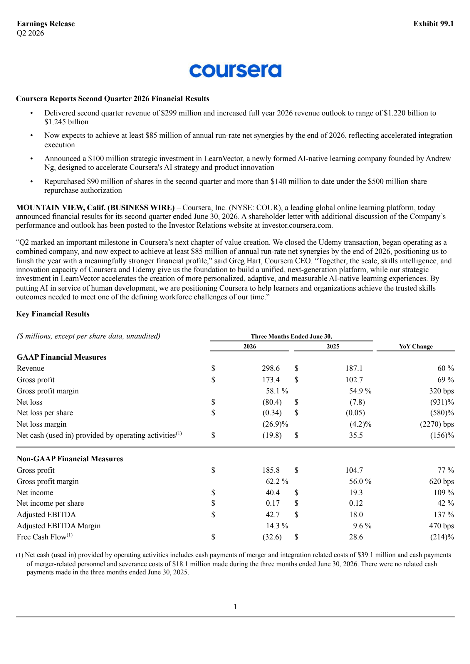 Coursera's Q2 2026 Press Release