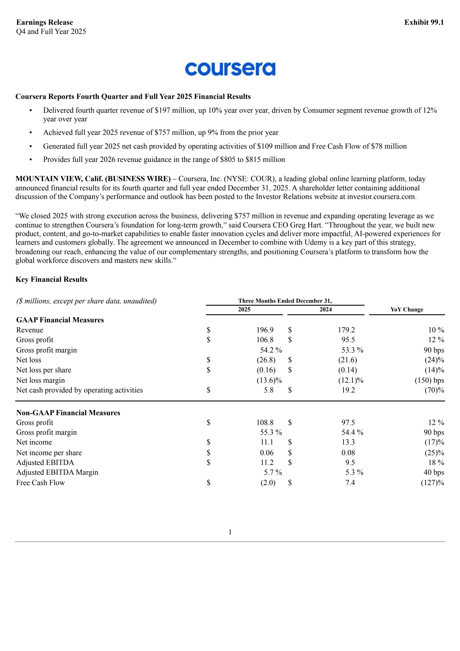 Coursera's Q4 2025 Press Release