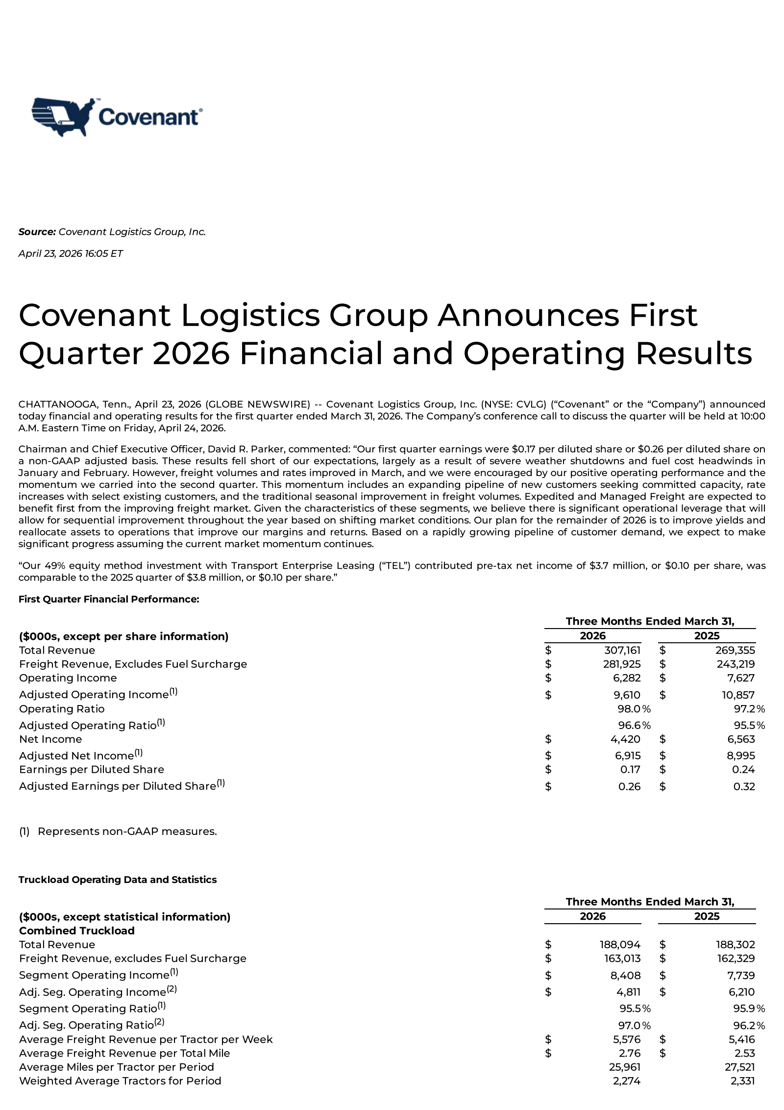 Covenant Logistics Group's Q1 2026 Press Release