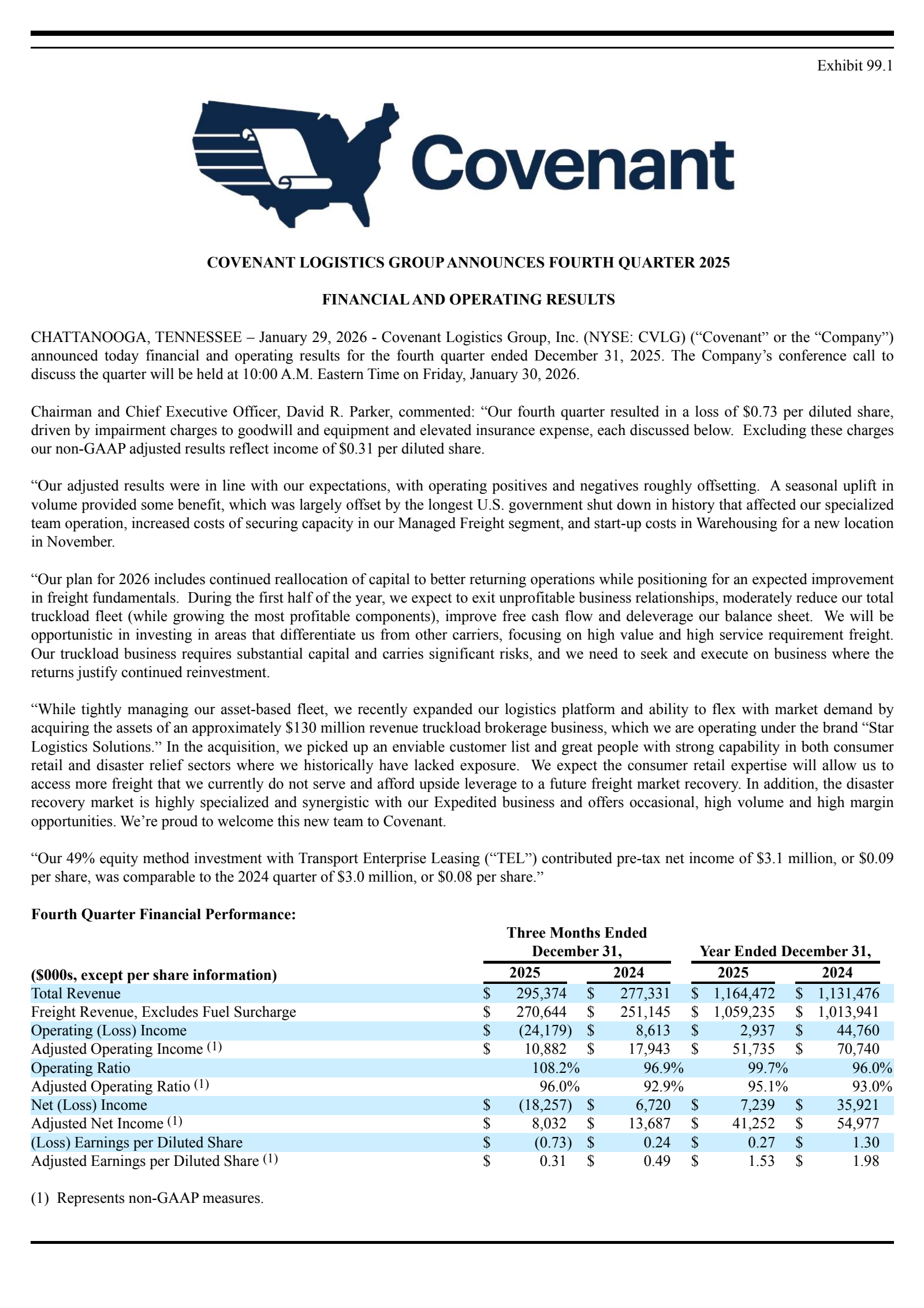 Covenant Logistics Group's Q4 2025 Press Release