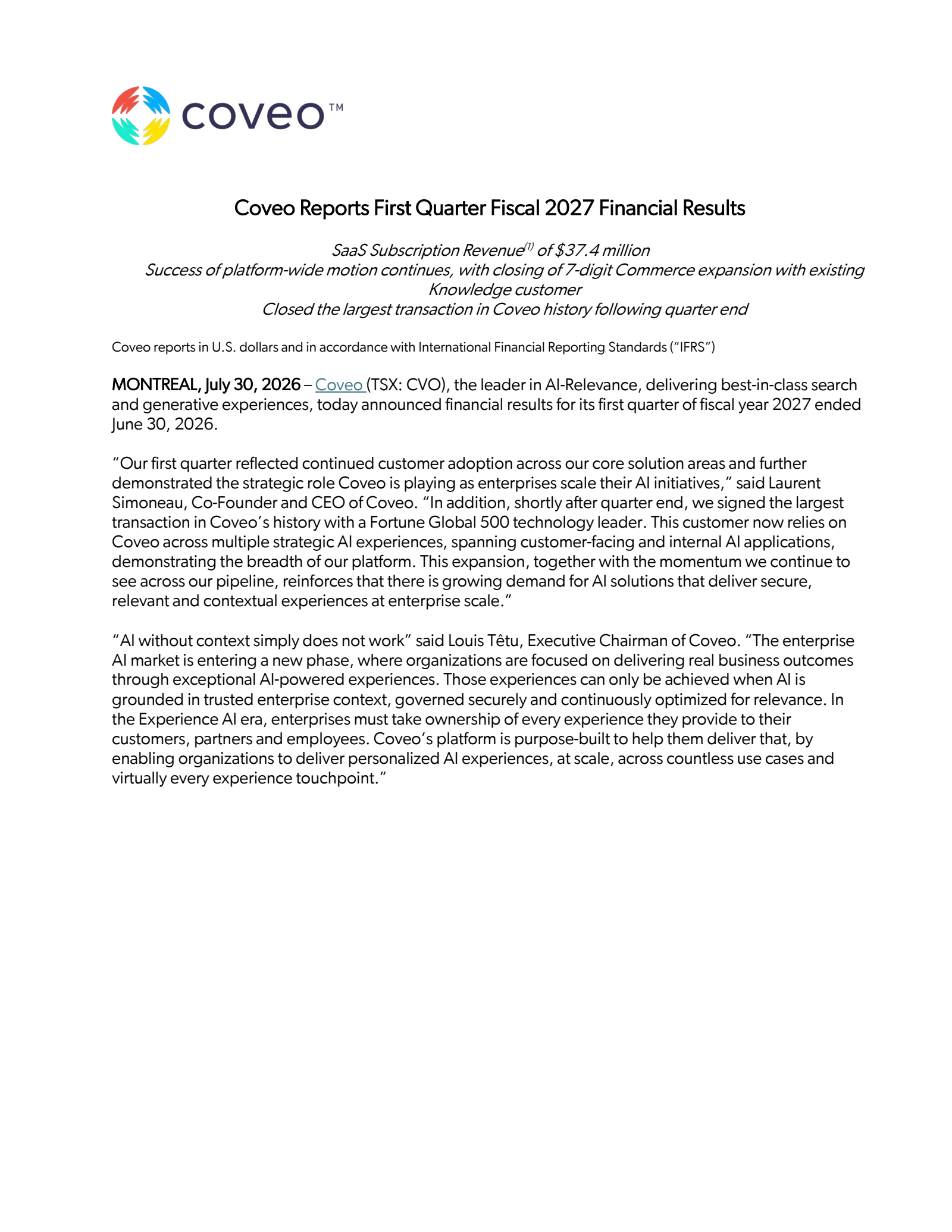 Coveo Solutions' Q1 2027 Press Release