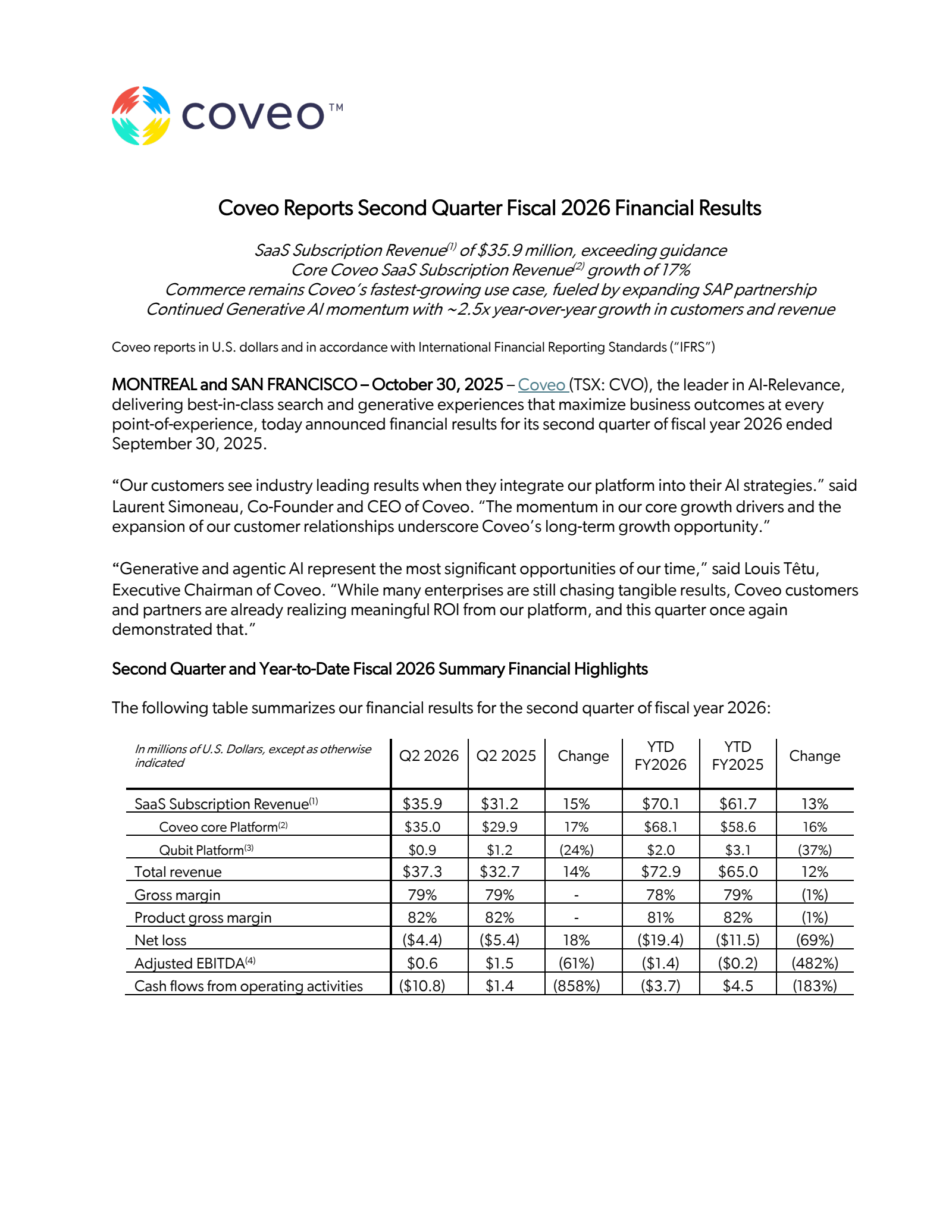 Coveo Solutions' Q2 2026 Earnings Release