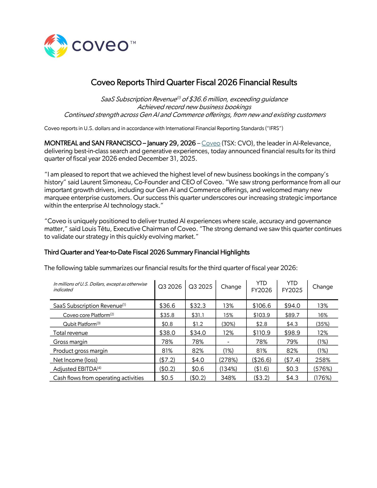 Coveo Solutions' Q3 2026 Press Release