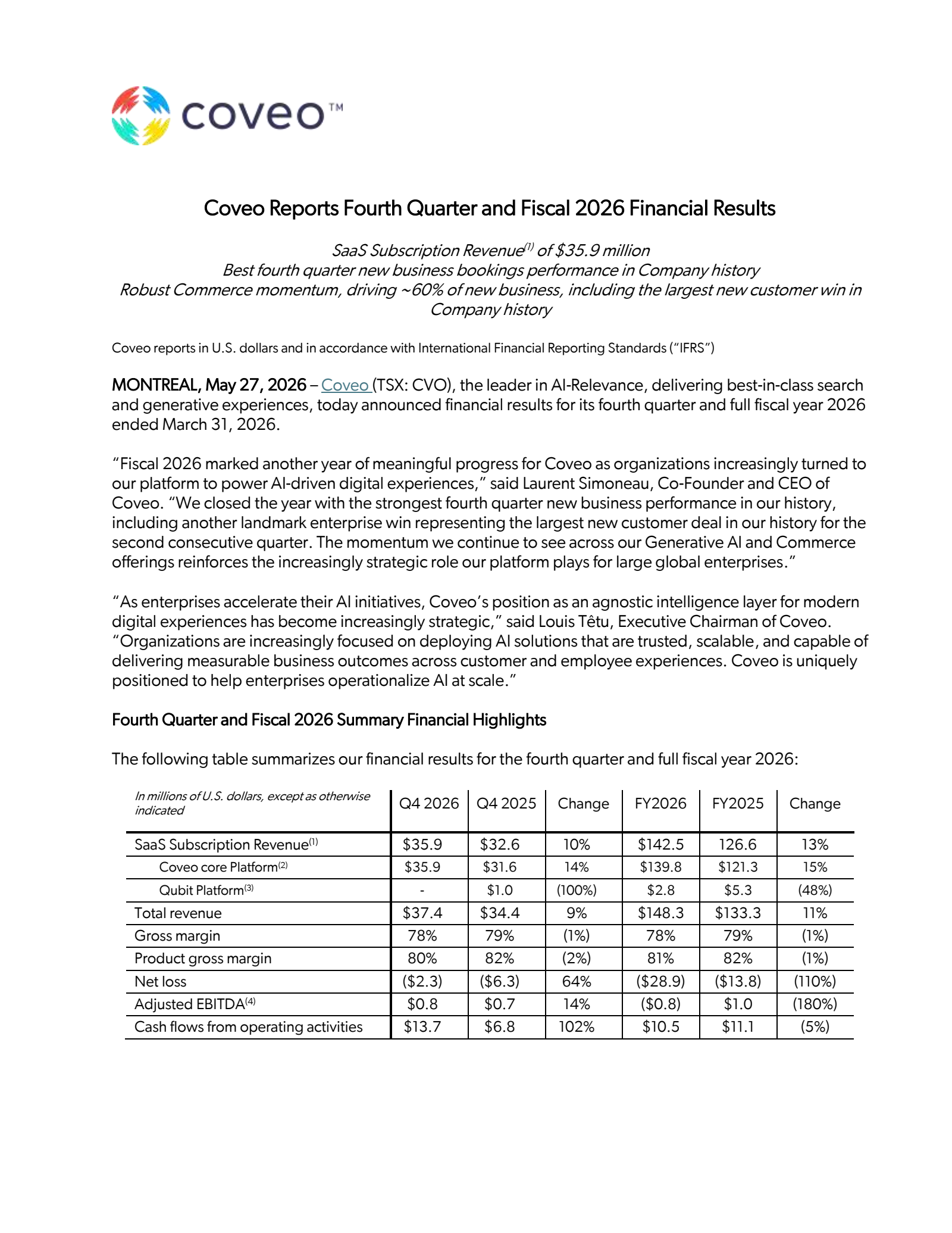 Coveo Solutions' Q4 2026 Press Release