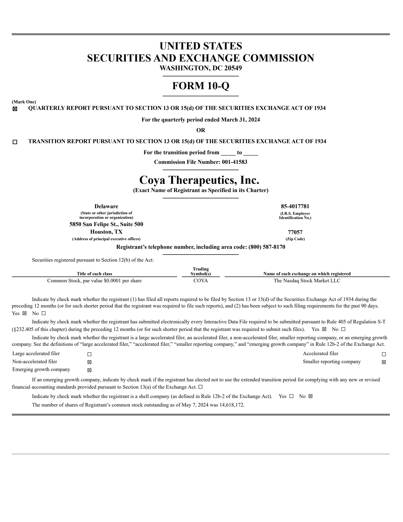 Coya Therapeutics' Q1 2024 Quarterly Report