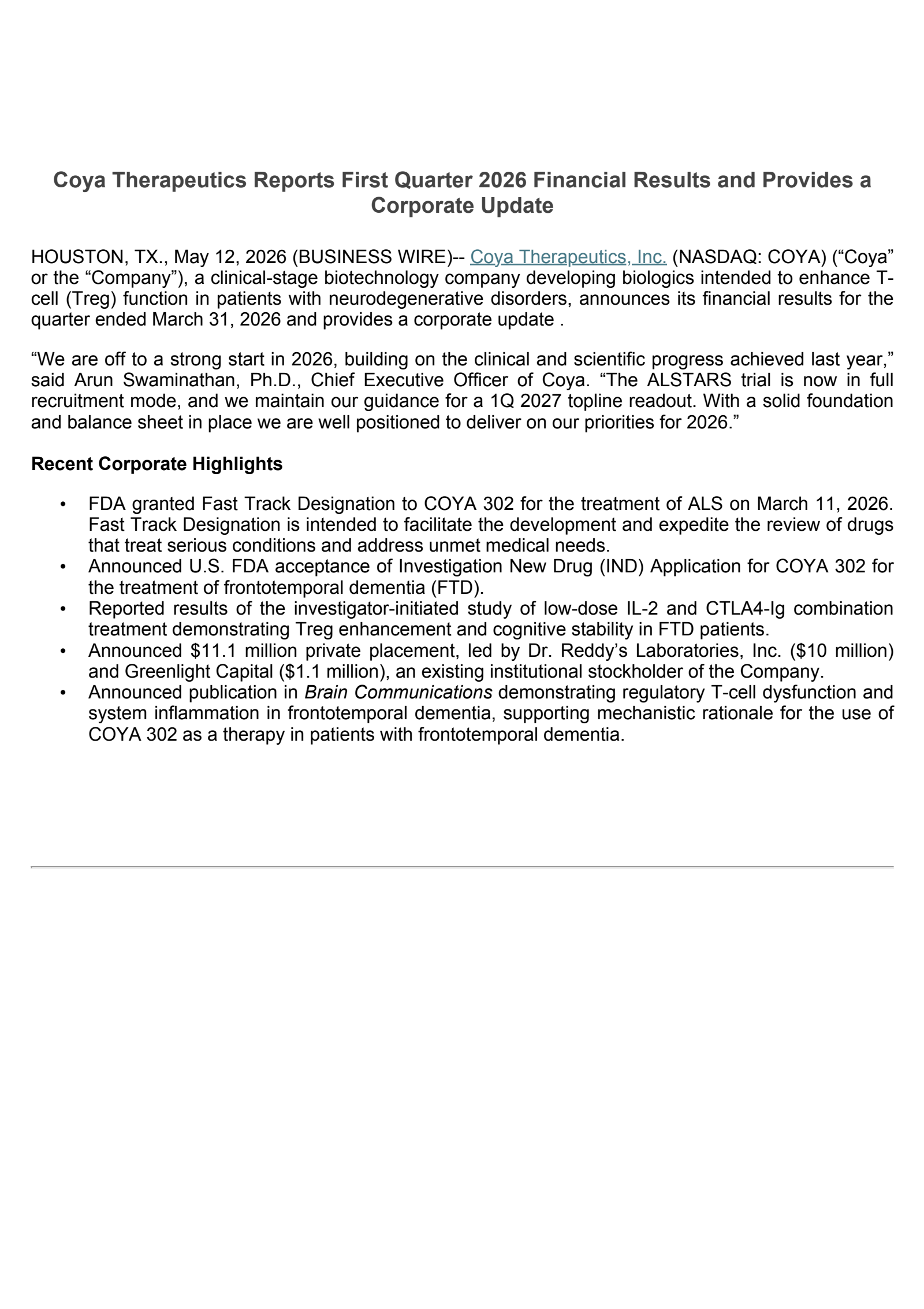 Coya Therapeutics' Q1 2026 Press Release