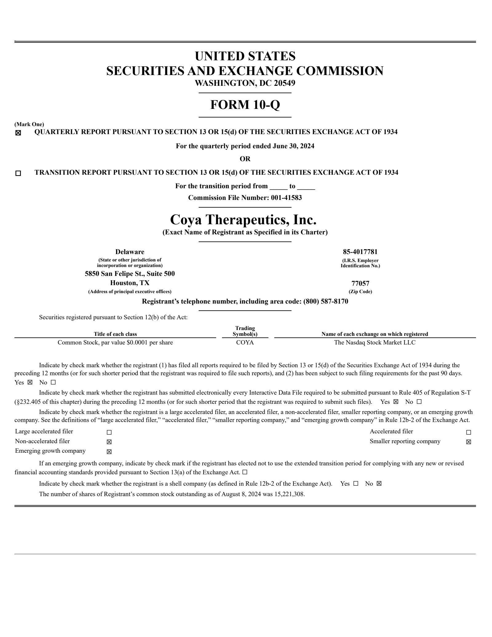 Coya Therapeutics' Q2 2024 Quarterly Report