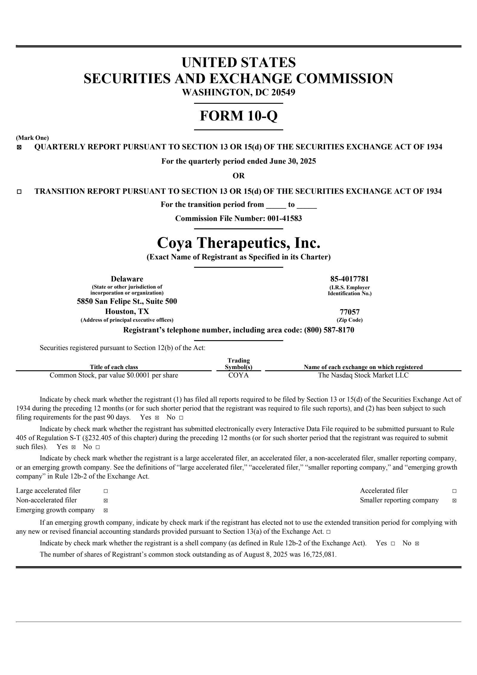 Coya Therapeutics' Q2 2025 Quarterly report