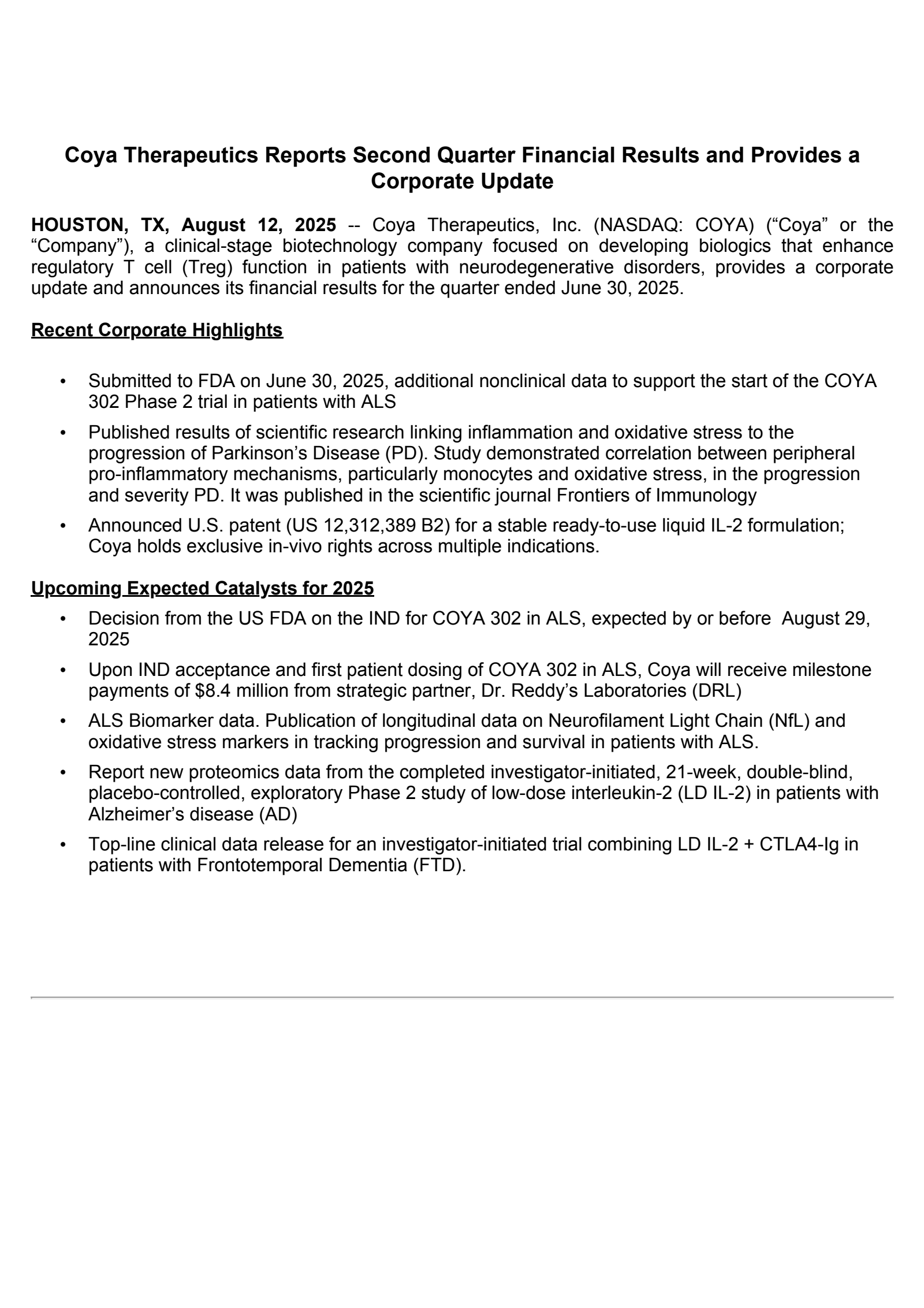 Coya Therapeutics' Q2 2025 Press Release