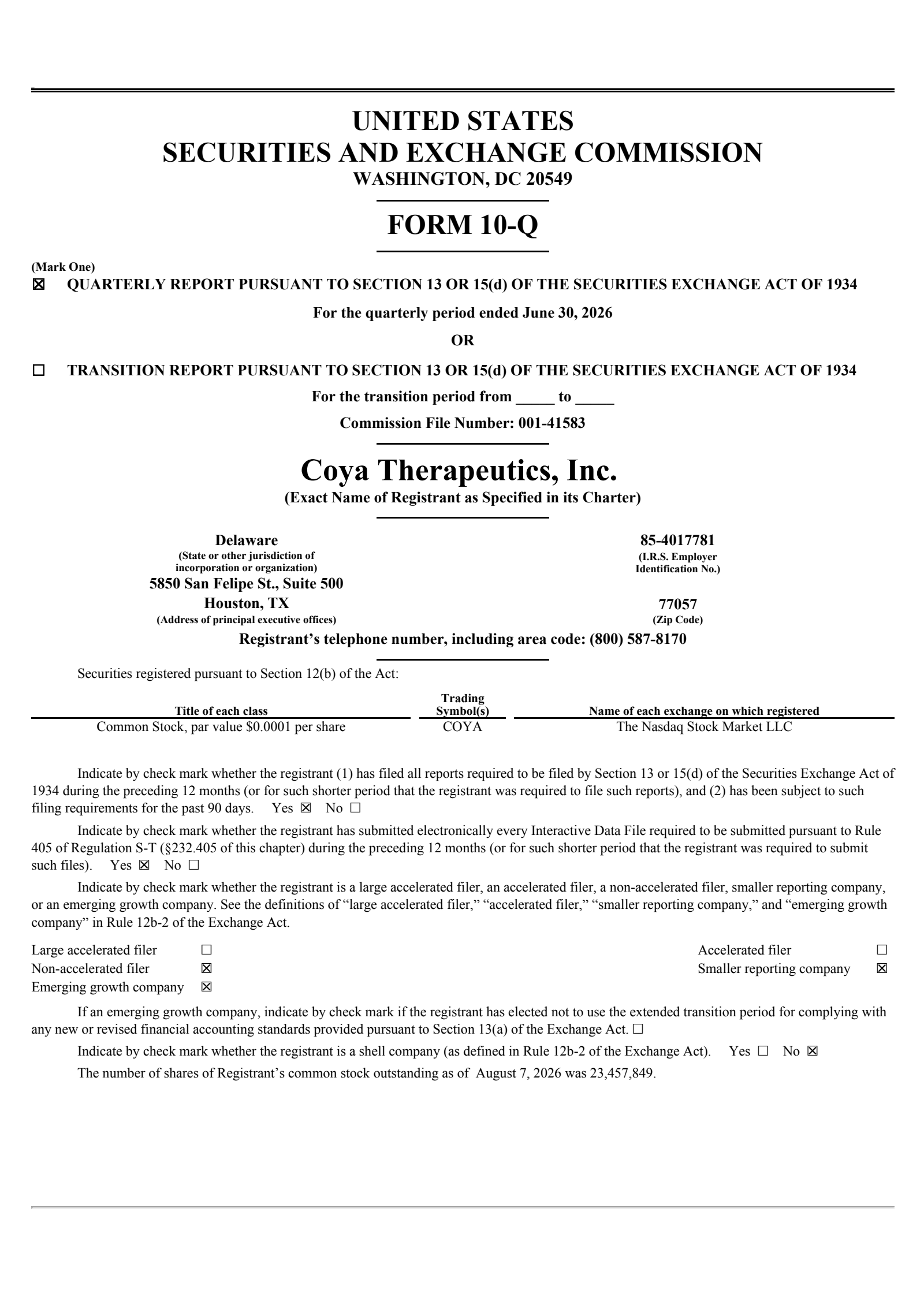 Coya Therapeutics' Q2 2026 Quarterly report