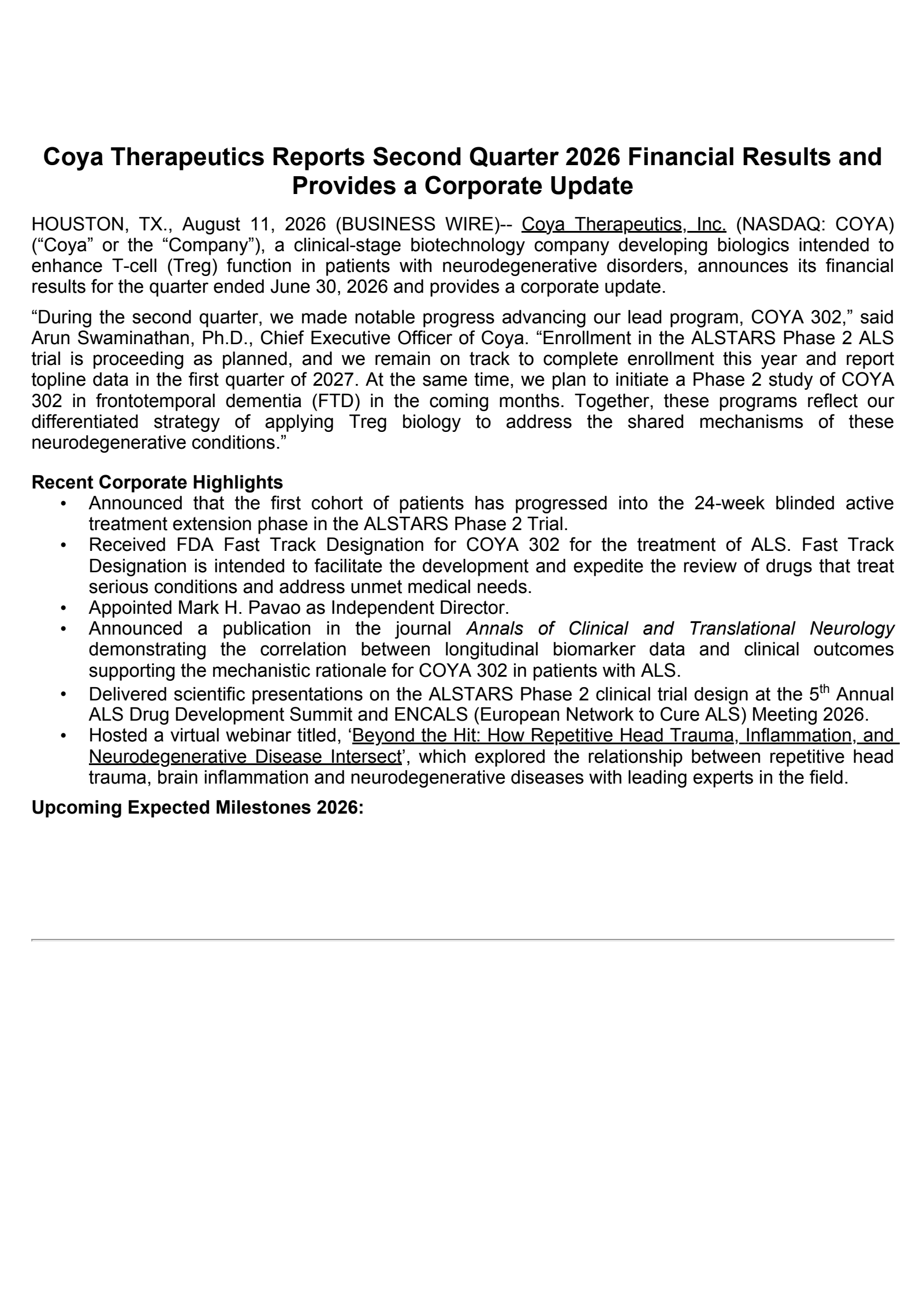 Coya Therapeutics' Q2 2026 Press Release