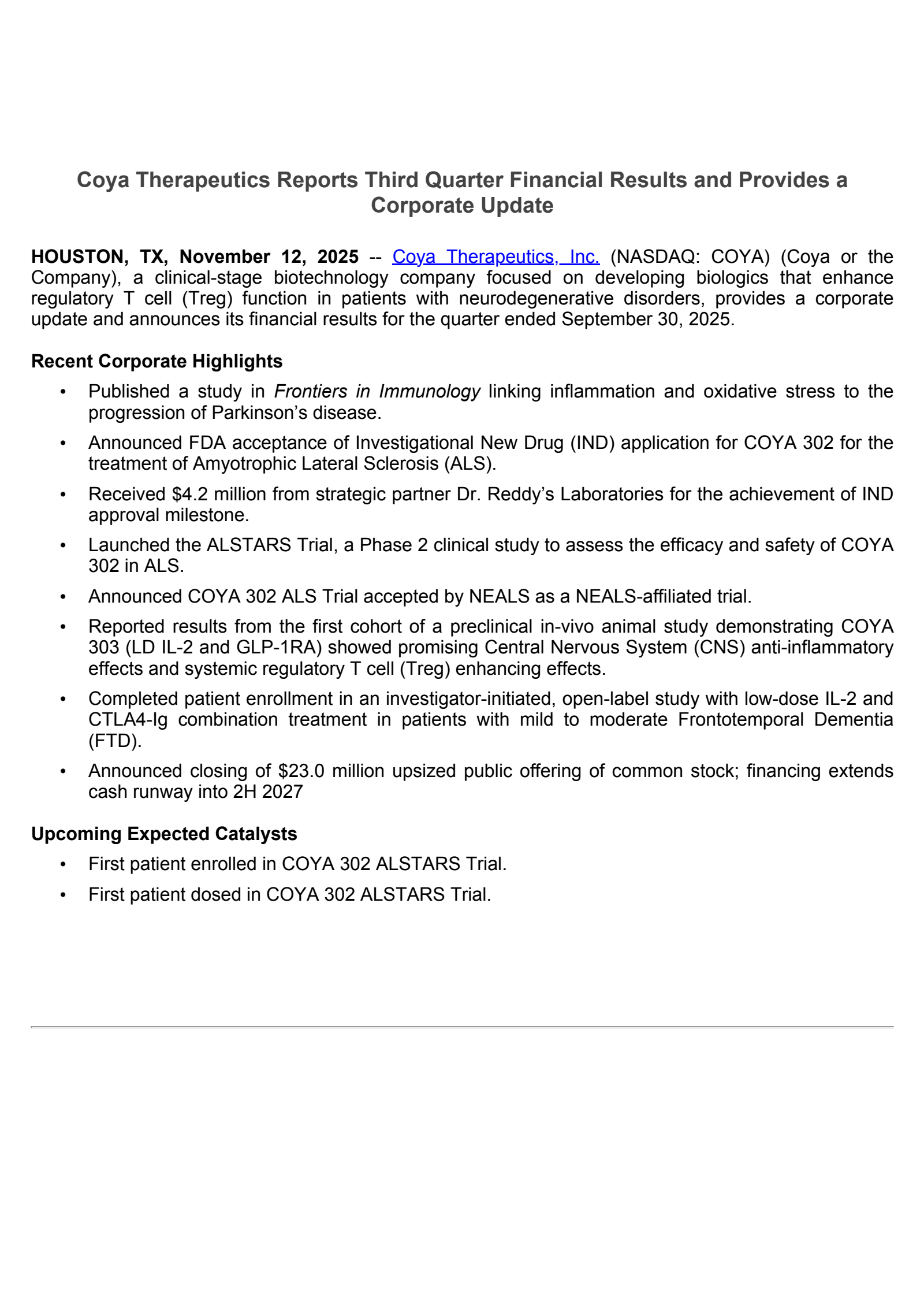 Coya Therapeutics' Q3 2025 Earnings Release