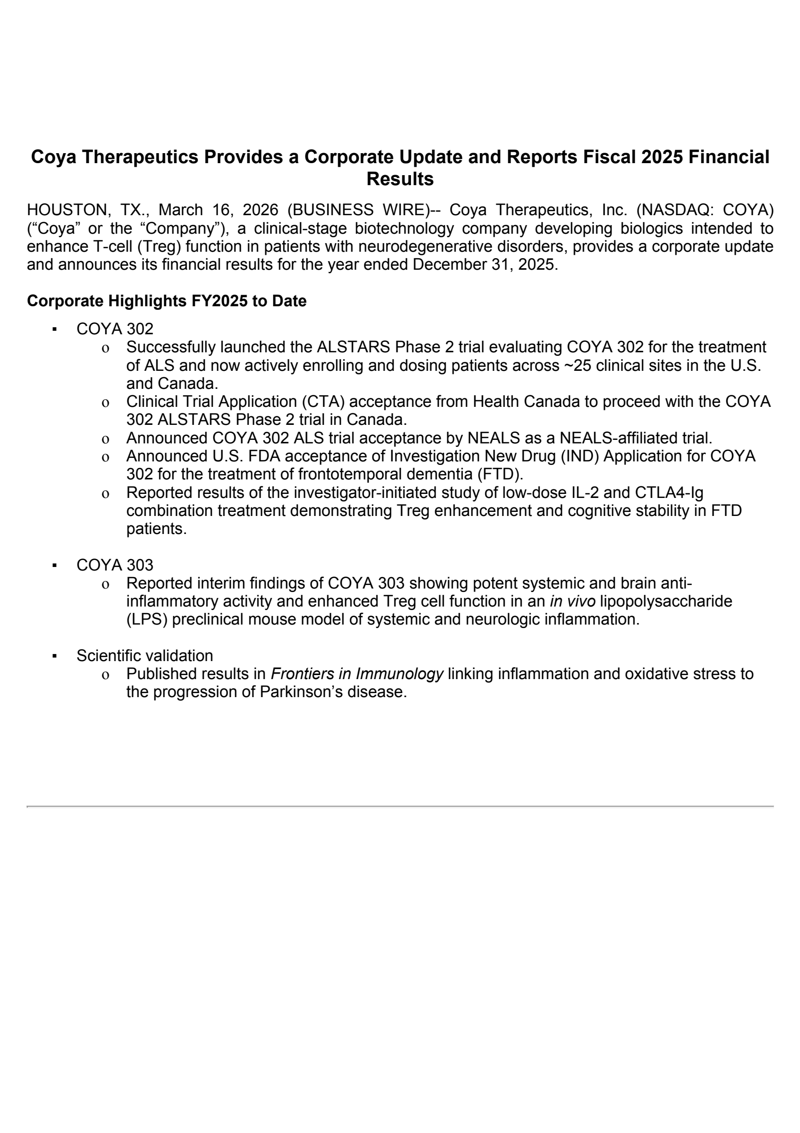 Coya Therapeutics' Q4 2025 Press Release
