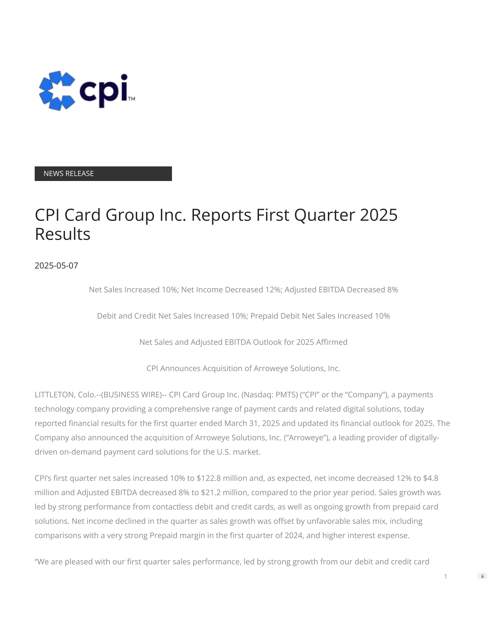 CPI Card Group's Q1 2025 Press Release