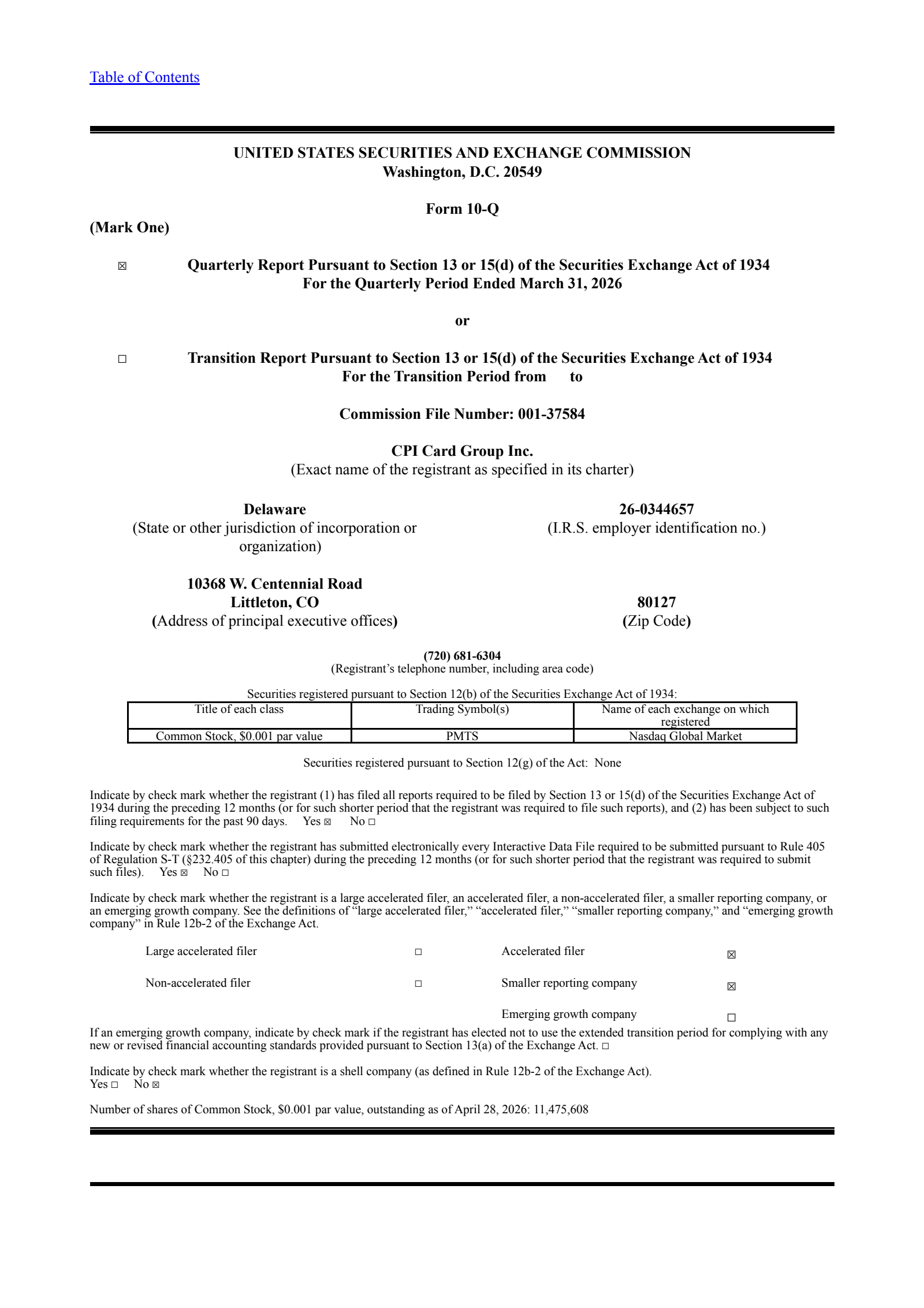 CPI Card Group's Q1 2026 Quarterly report
