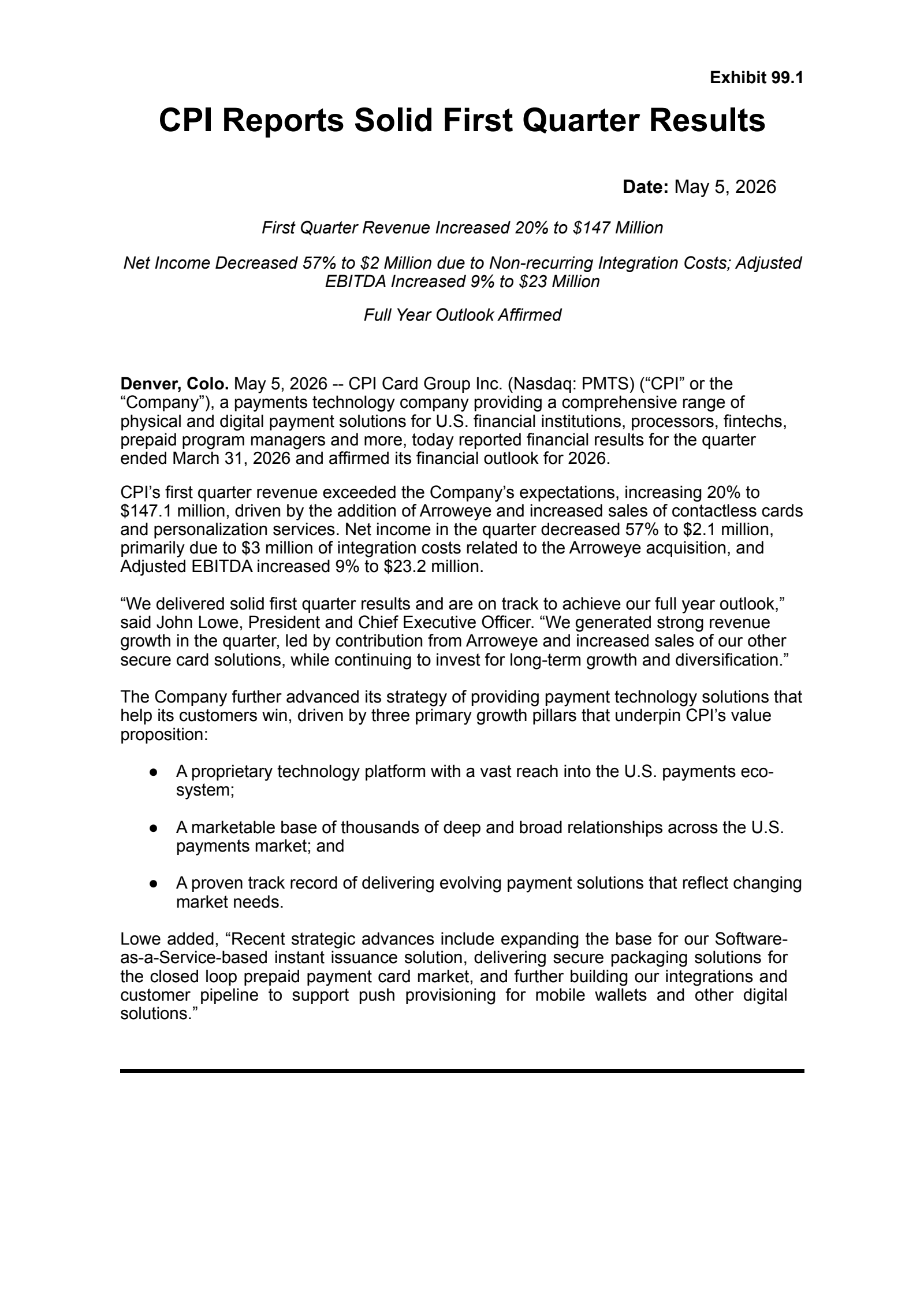 CPI Card Group's Q1 2026 Press Release