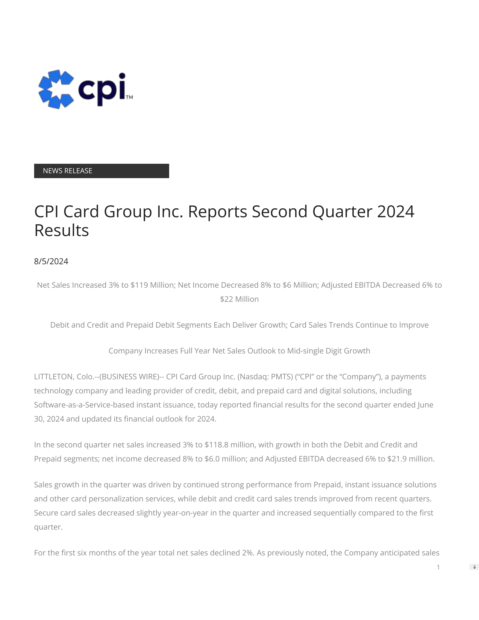 CPI Card Group's Q2 2024 Press Release