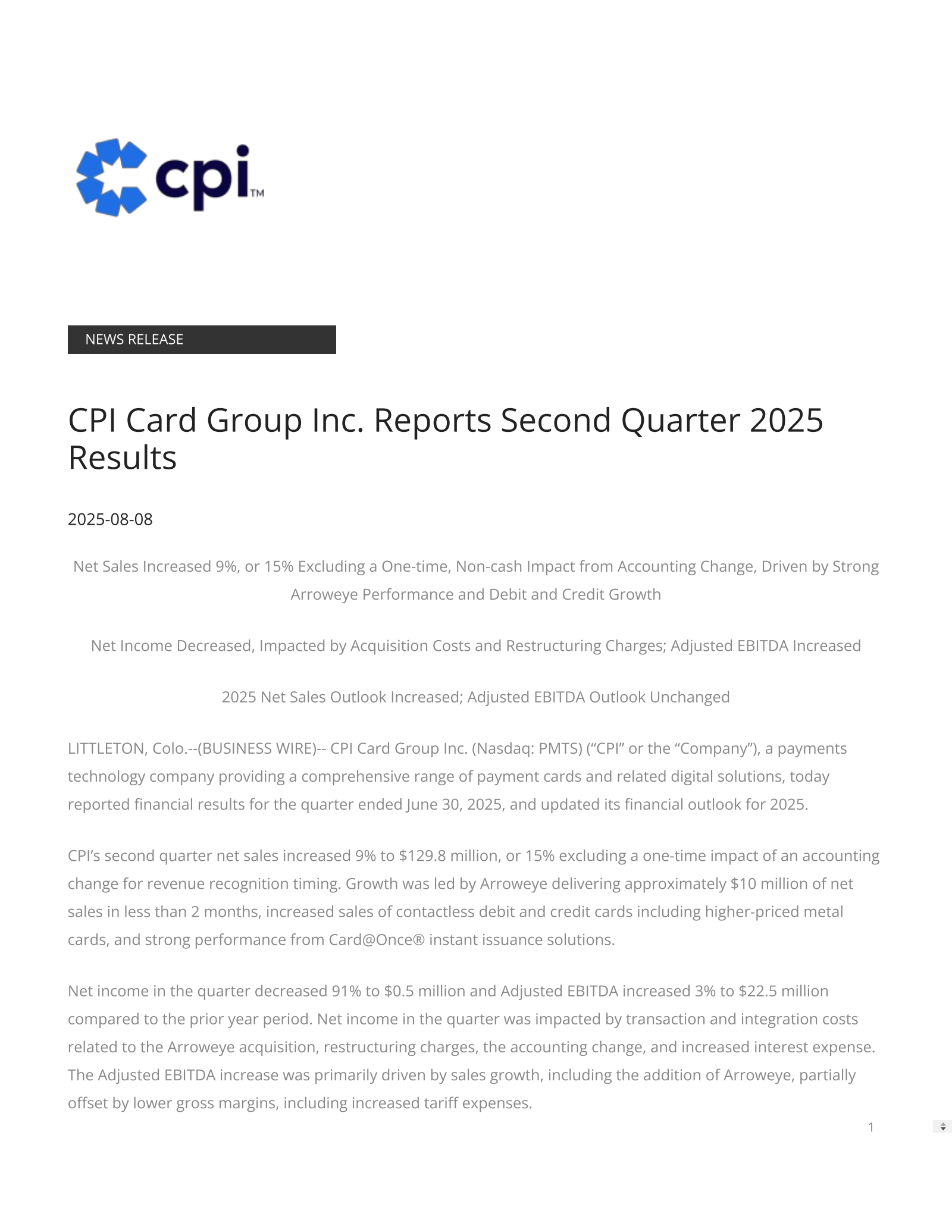 CPI Card Group's Q2 2025 Press Release