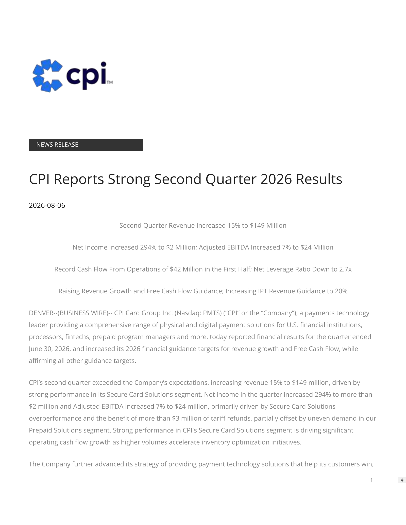 CPI Card Group's Q2 2026 Press Release