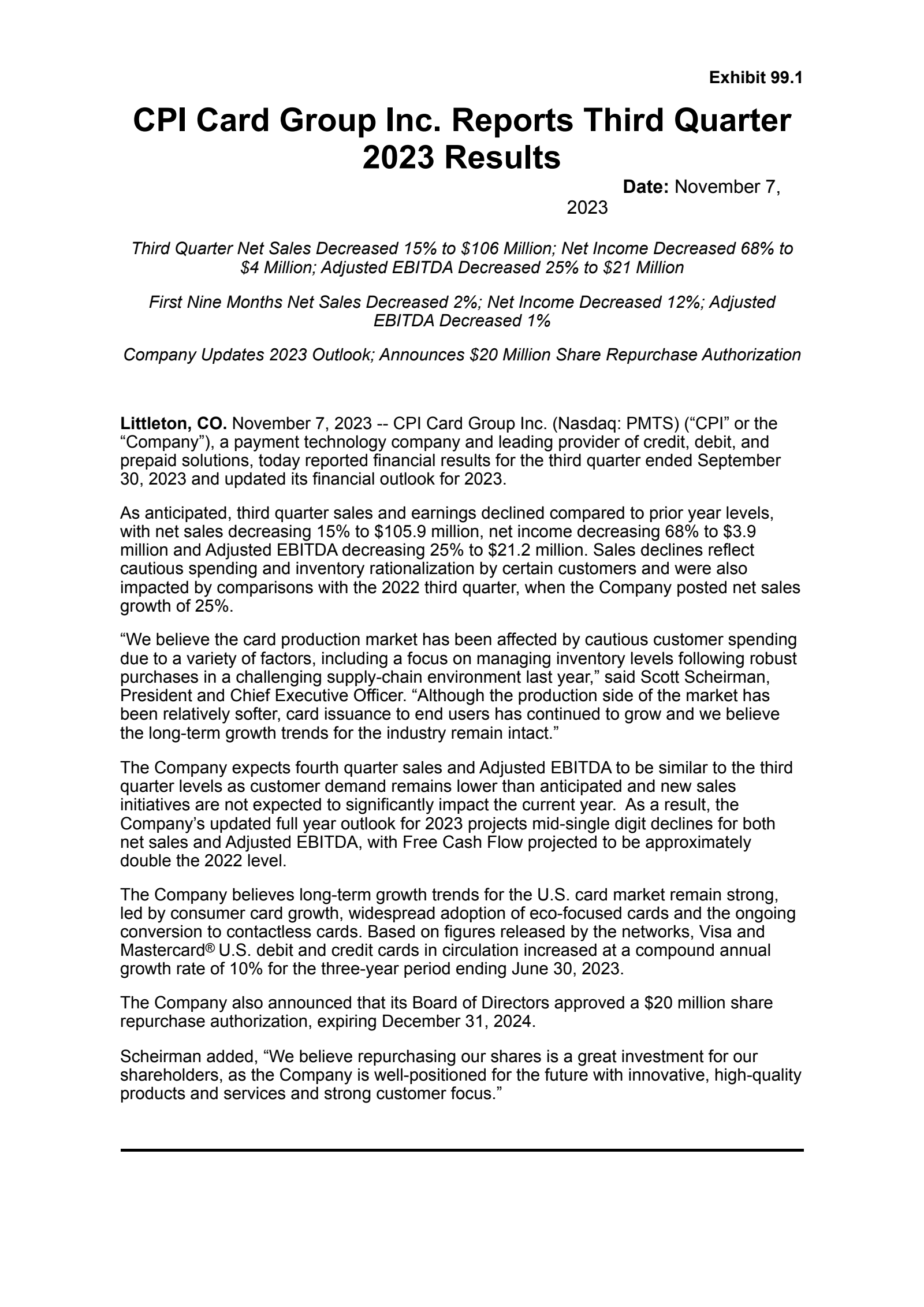 CPI Card Group's Q3 2023 Press Release