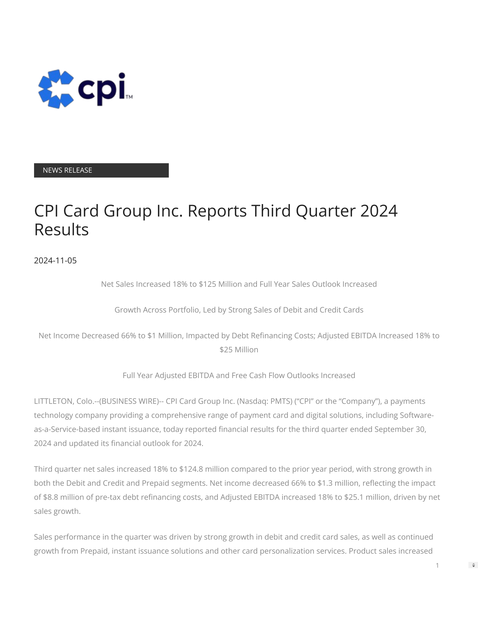 CPI Card Group's Q3 2024 Press Release