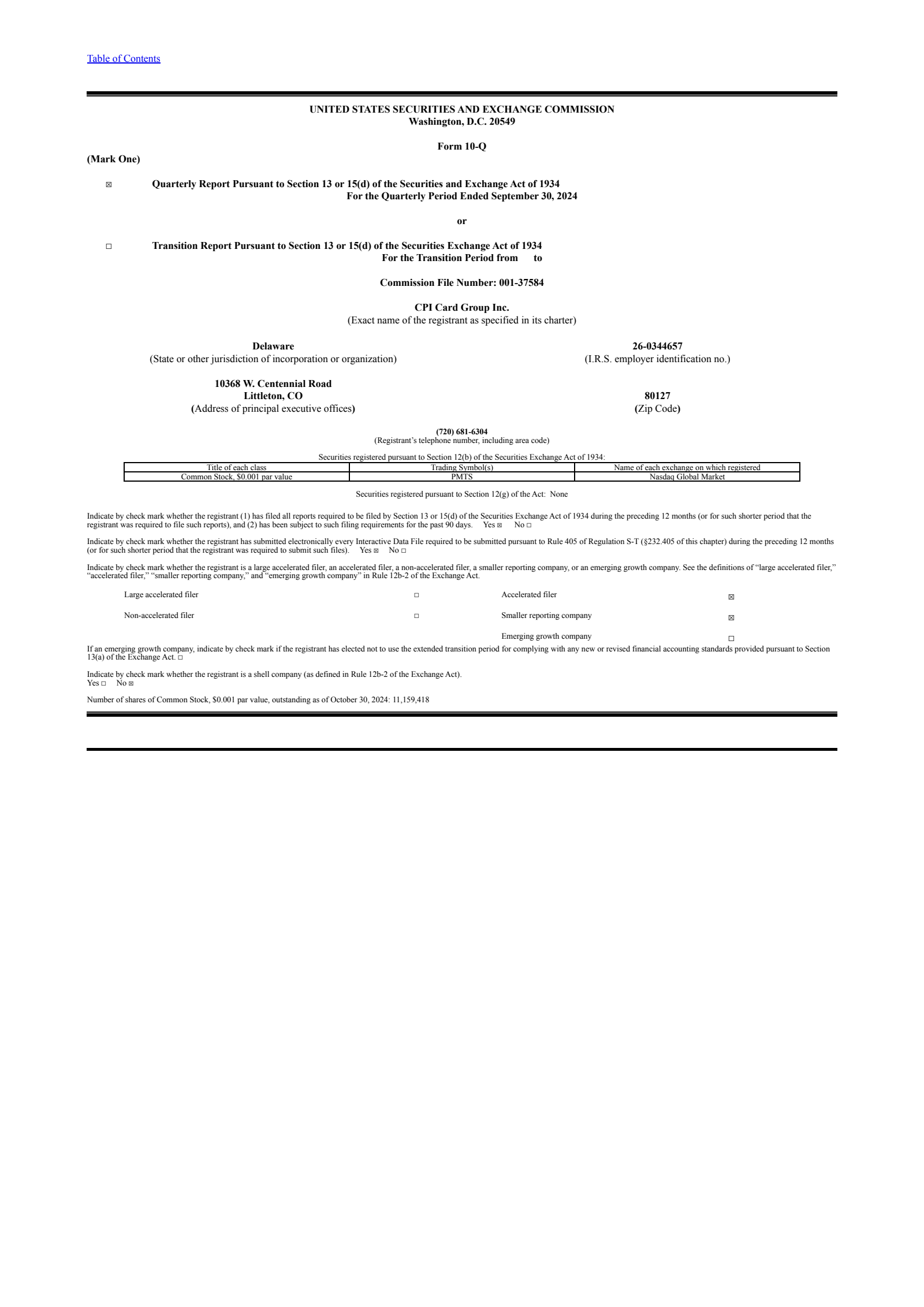 CPI Card Group's Q3 2024 Quarterly report