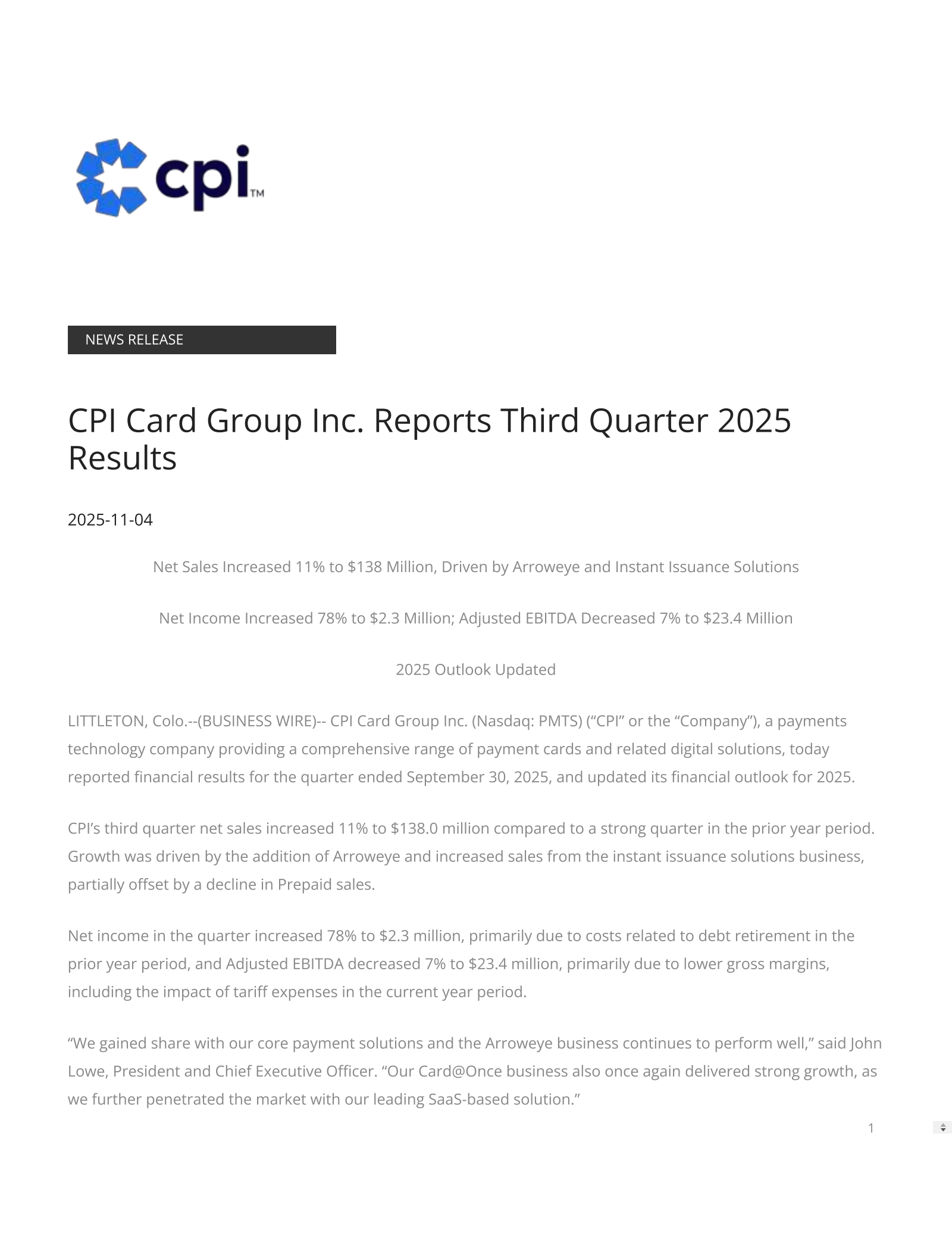 CPI Card Group's Q3 2025 Press Release