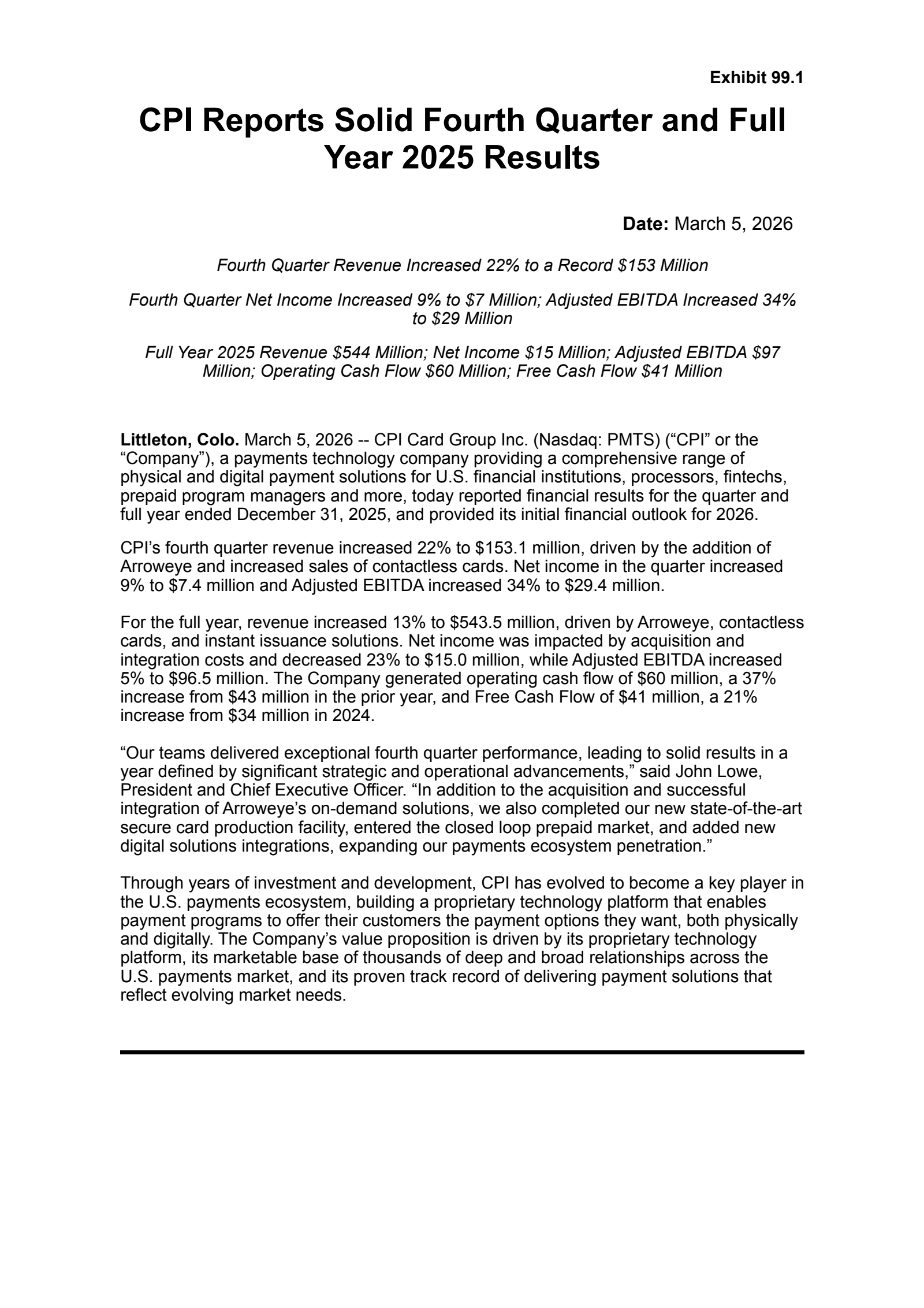 CPI Card Group's Q4 2025 Press Release