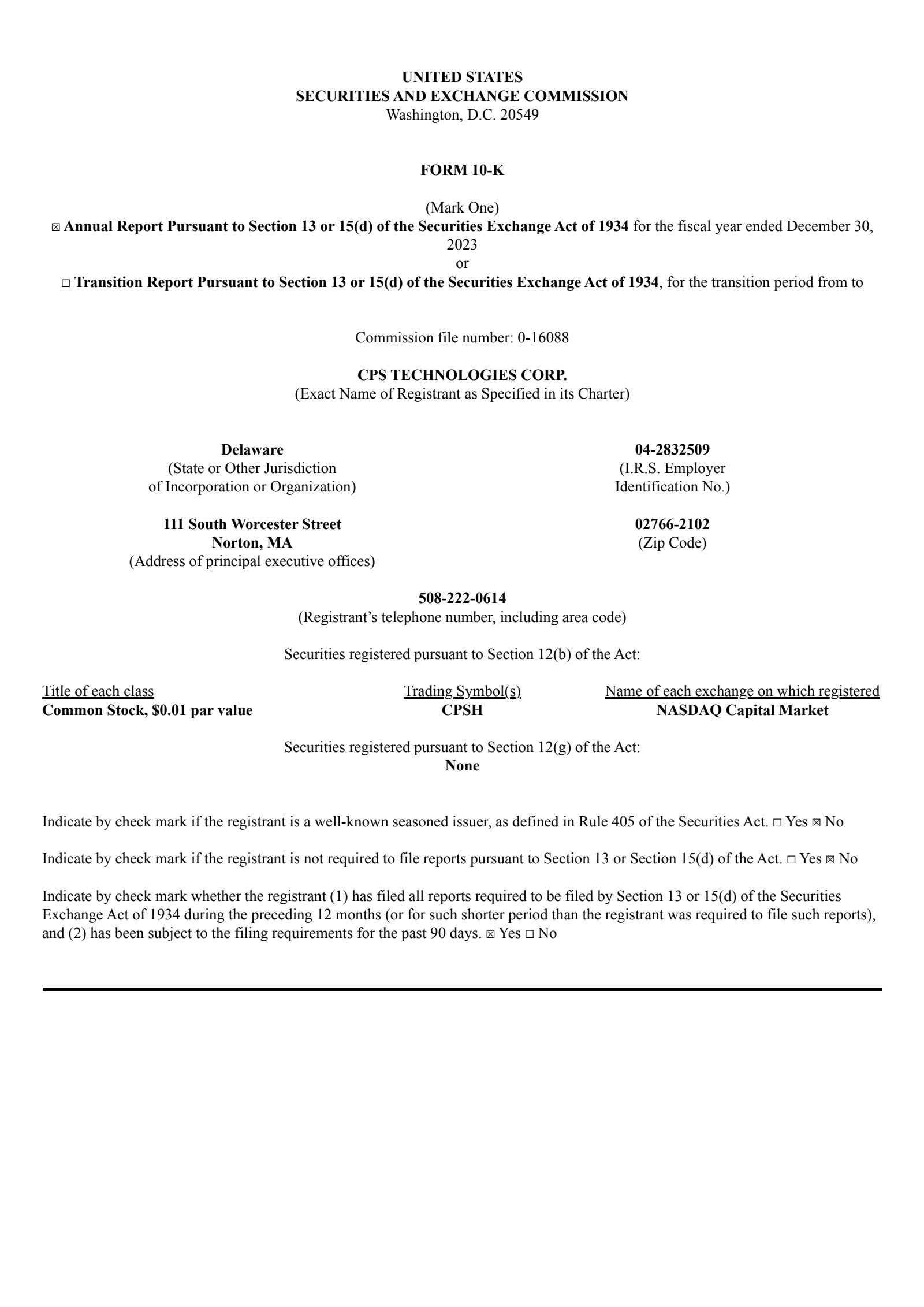 CPS Technologies' Q4 2023 Annual report