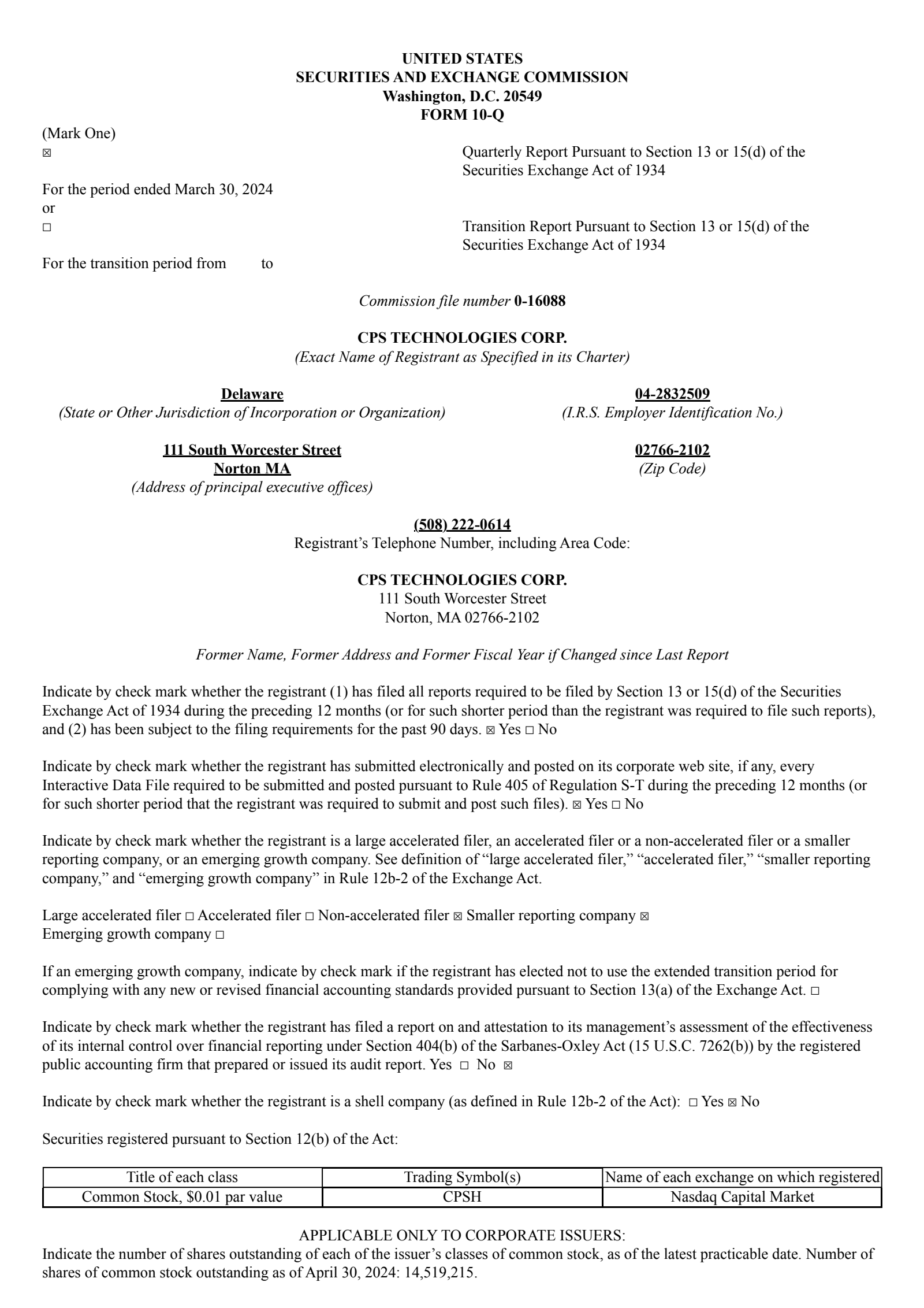 CPS Technologies' Q1 2024 Quarterly report