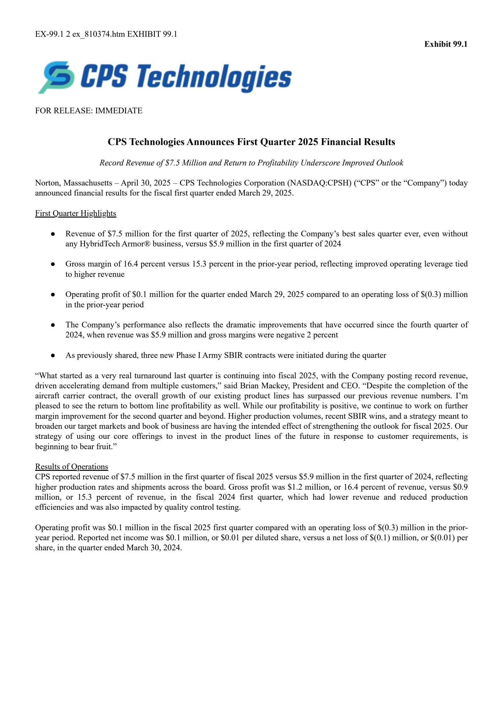 CPS Technologies' Q1 2025 Press Release
