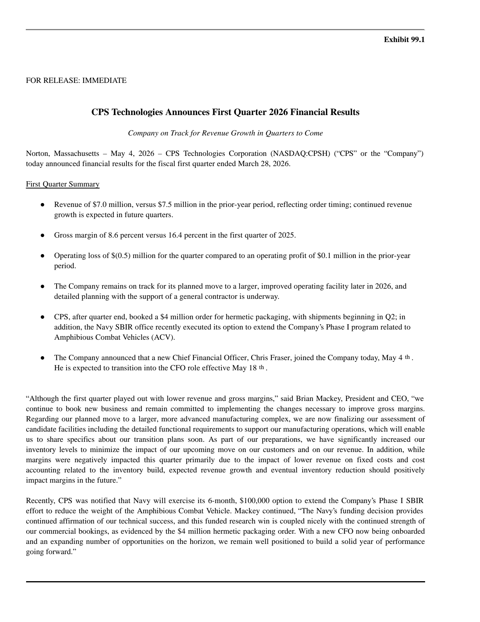CPS Technologies' Q1 2026 Press Release