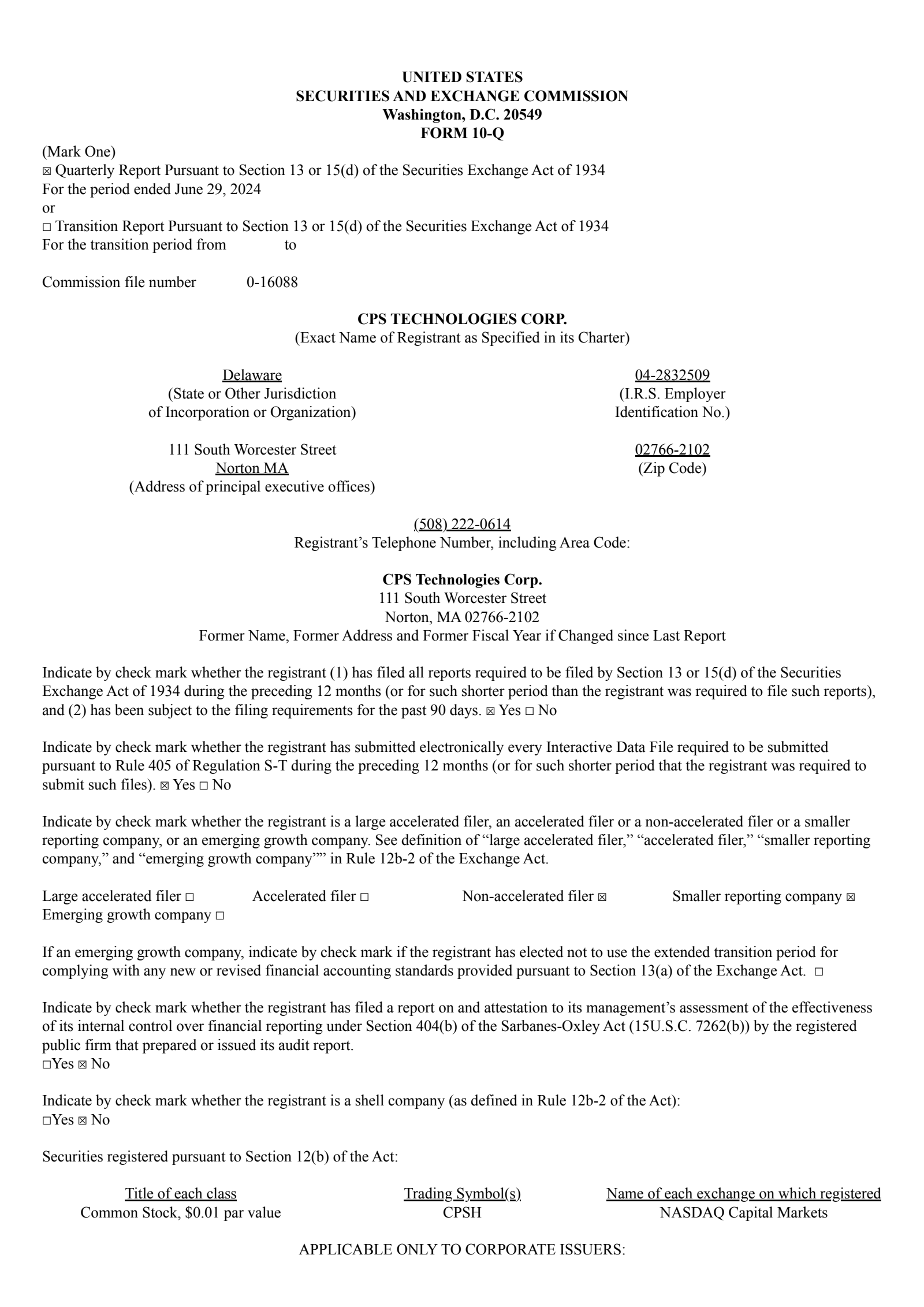 CPS Technologies' Q2 2024 Quarterly report