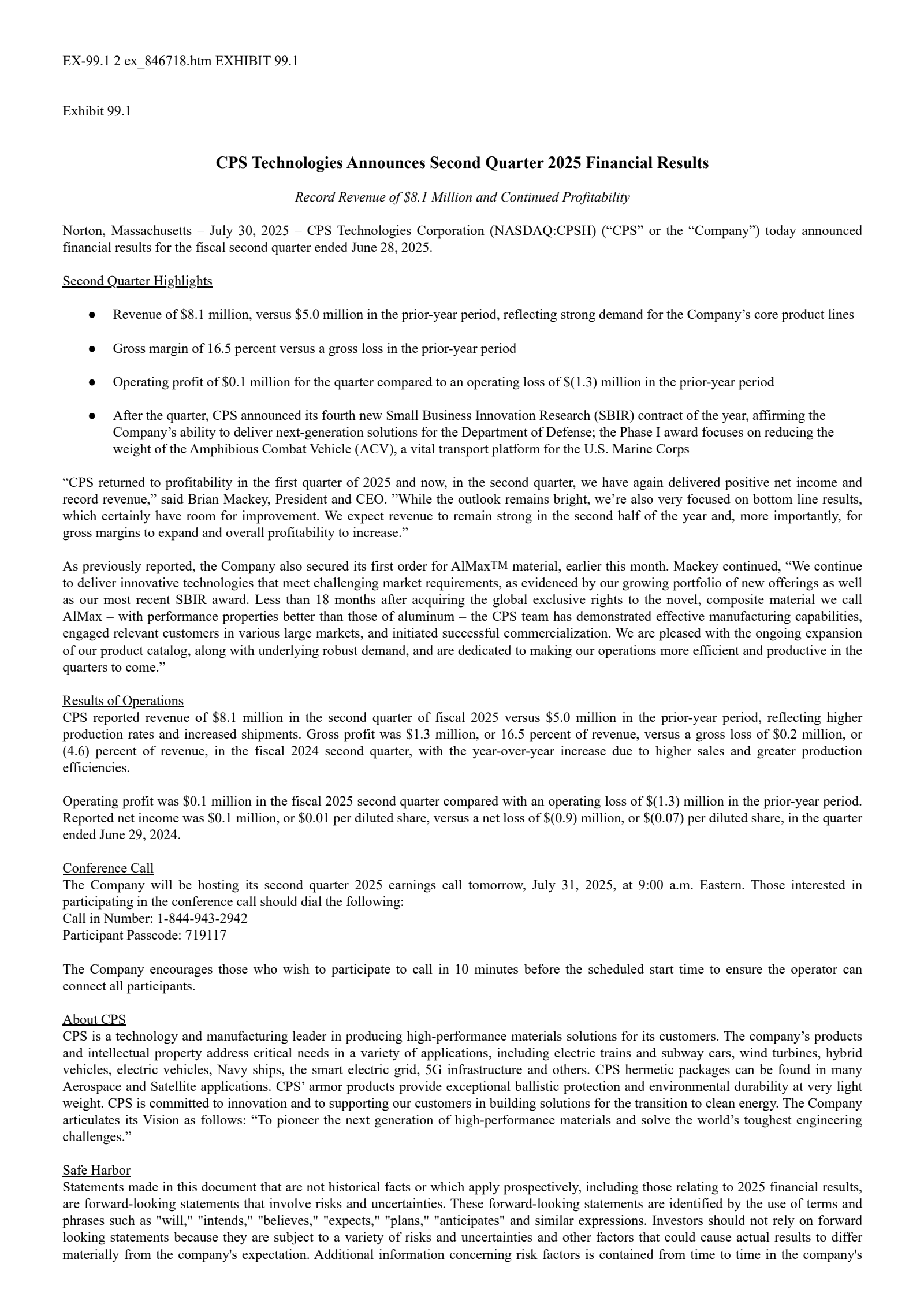 CPS Technologies' Q2 2025 Press Release