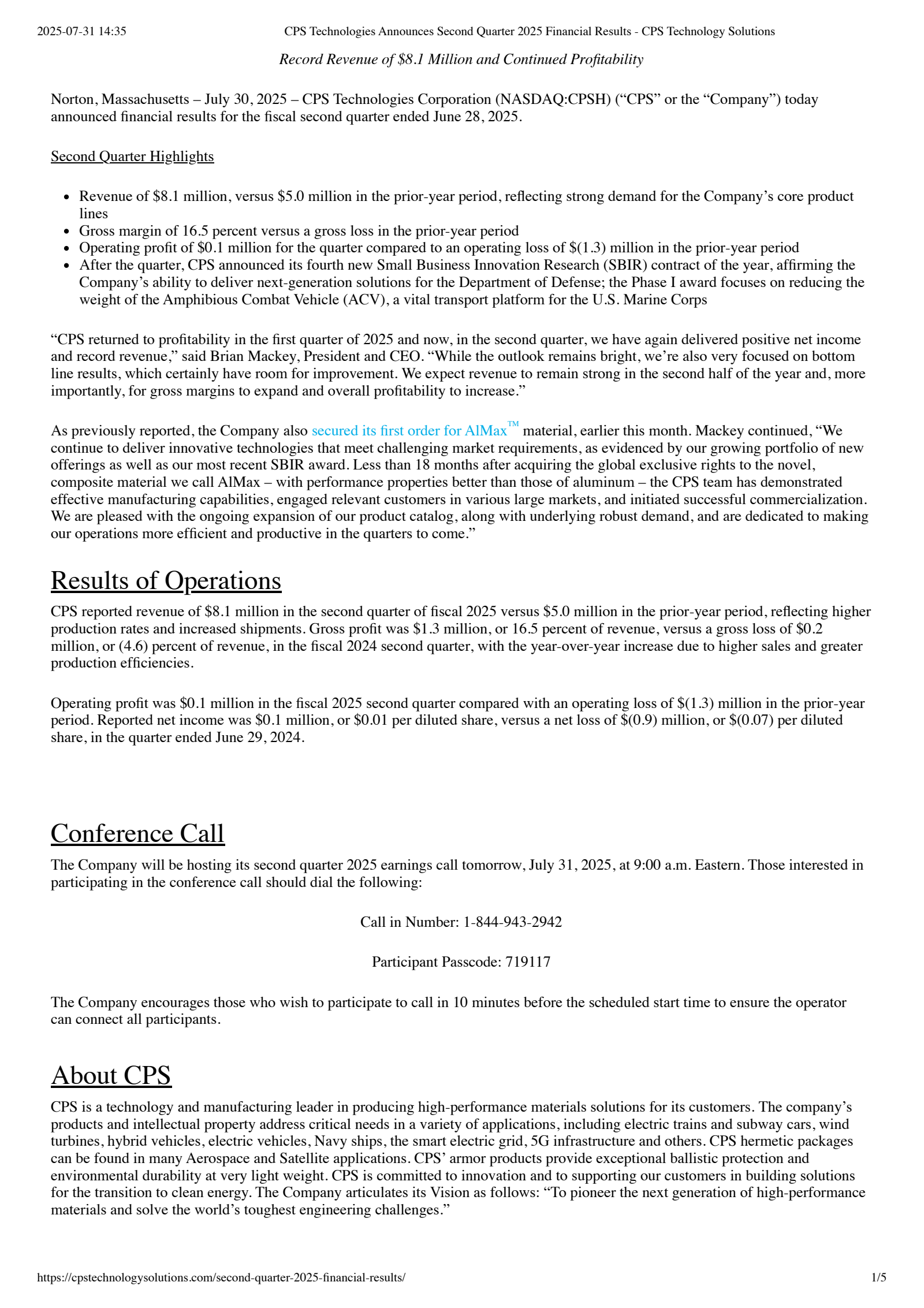CPS Technologies' Q2 2025 Press Release