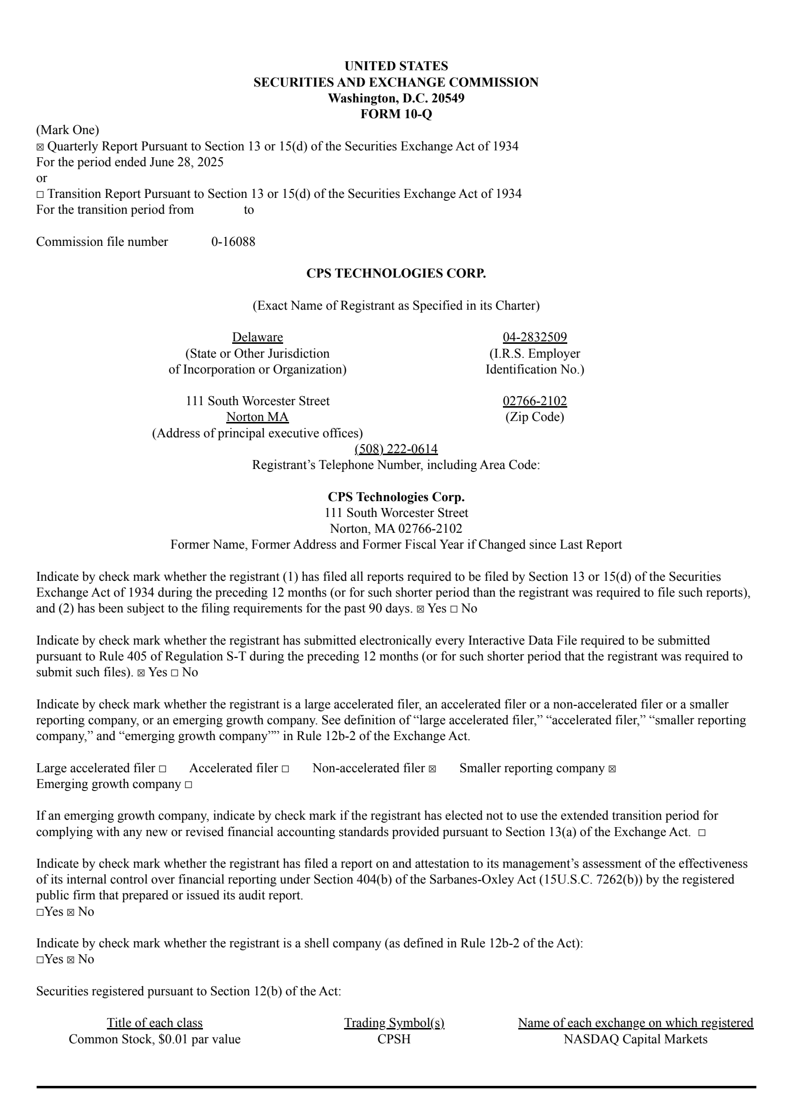 CPS Technologies' Q2 2025 Quarterly report