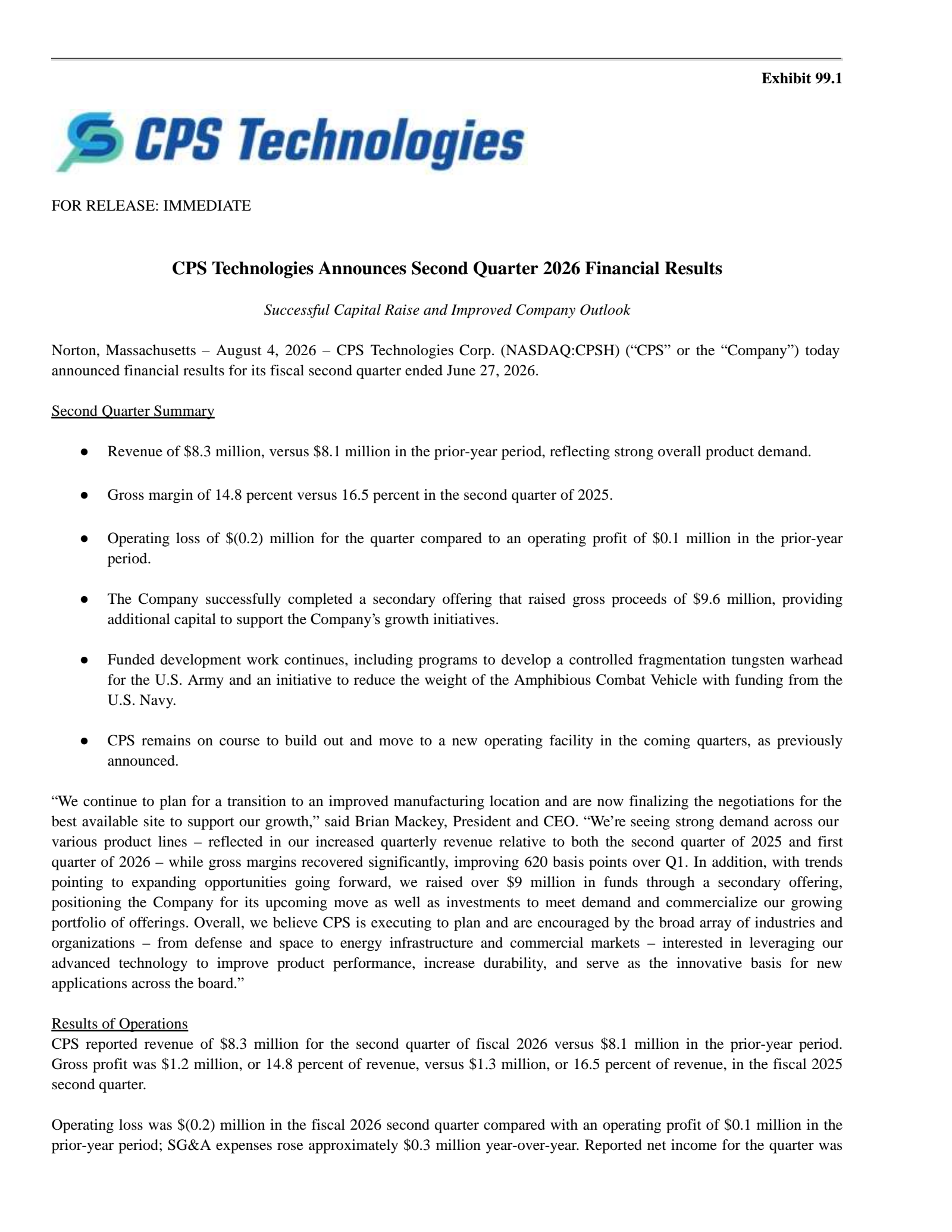 CPS Technologies' Q2 2026 Press Release