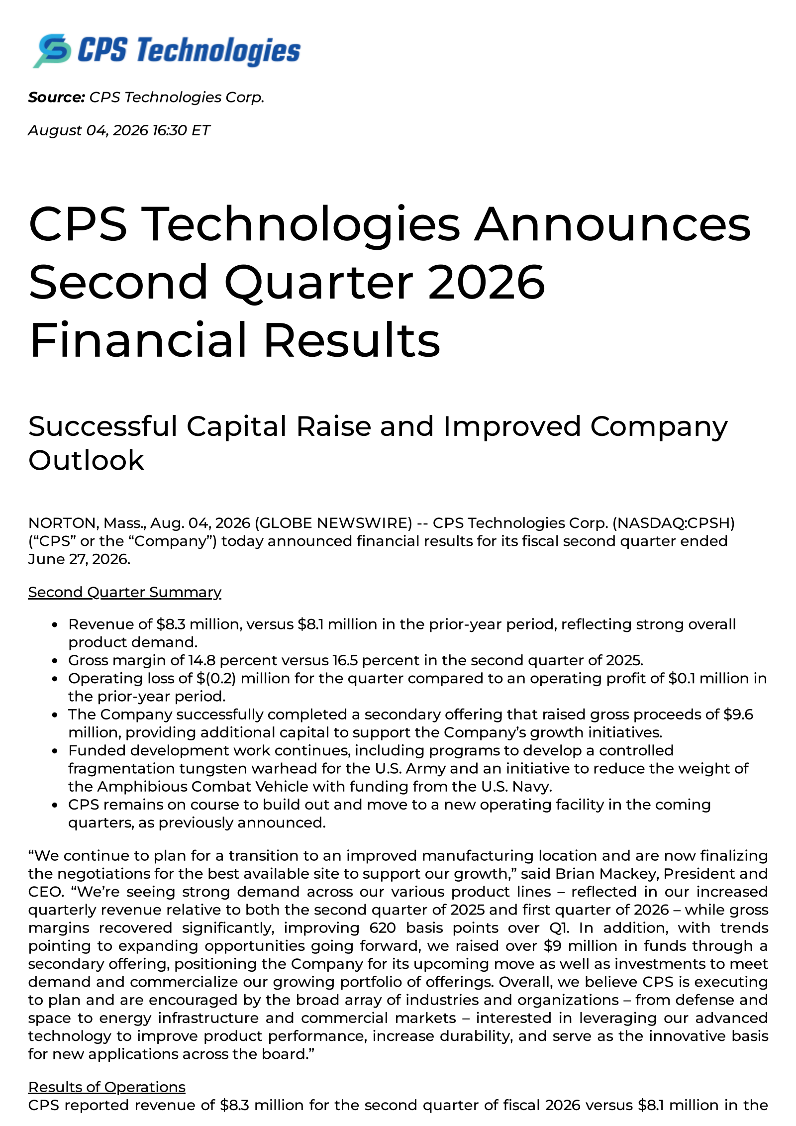 CPS Technologies' Q2 2026 Press Release