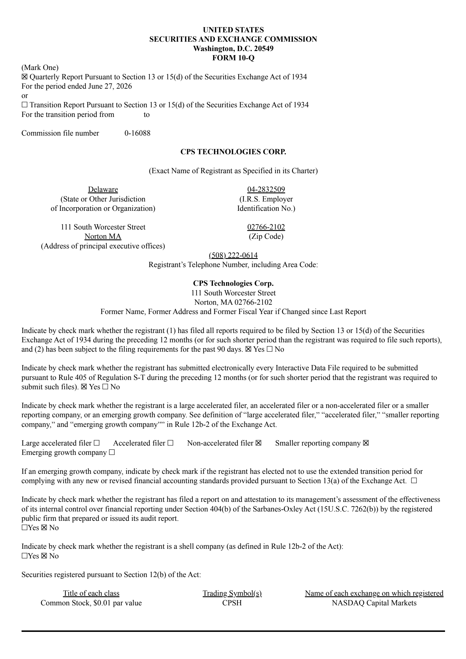 CPS Technologies' Q2 2026 Quarterly report